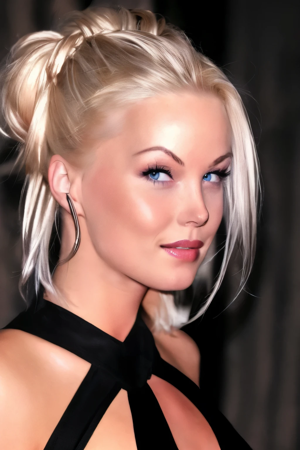 an eye contact of a blond with bun hair and dark theme