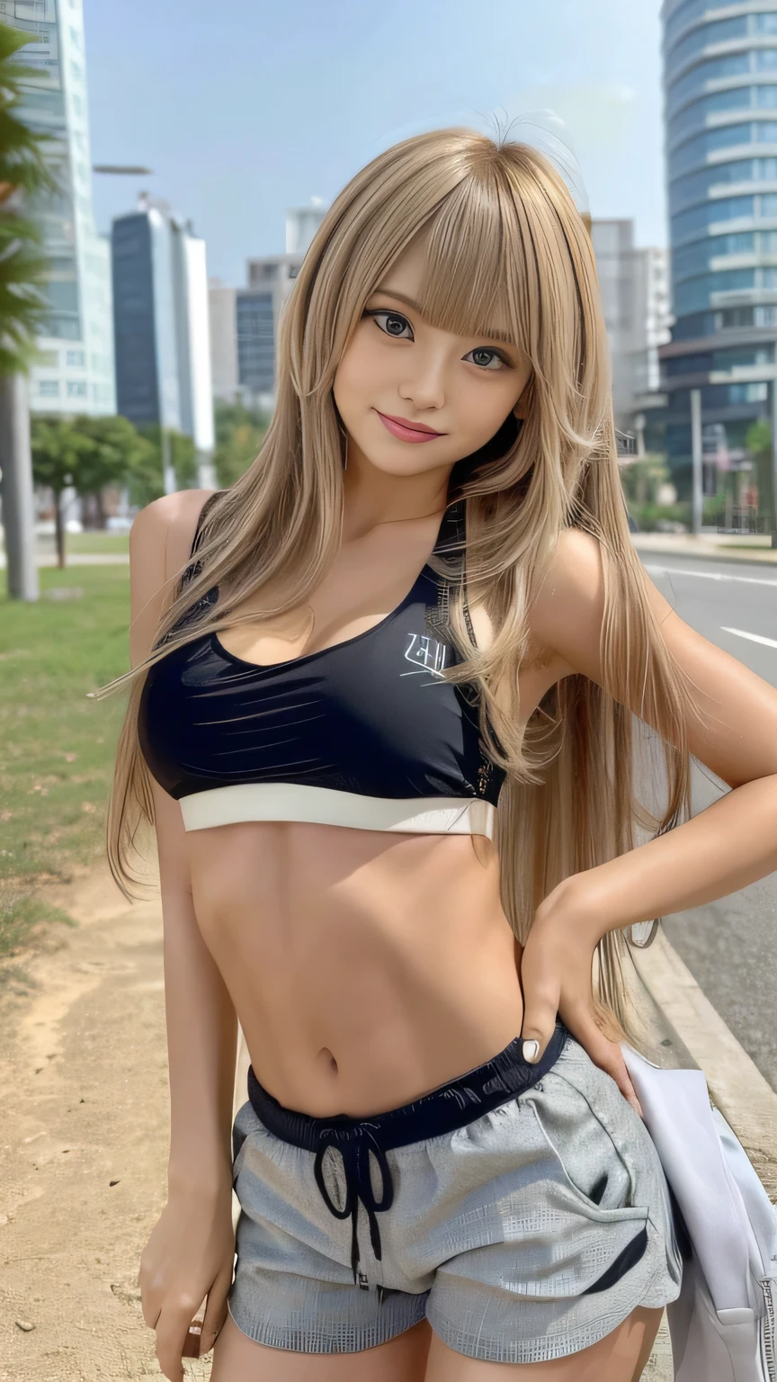 Sexy Big 、  cute beautiful girl with a sexy and cute look and strong texture , beautiful and sexy face、Strong wind covering bangs with wind   、 blonde straight、beautiful,      hide cute and sexy eyes with long bangs  、Fluorescent bikini top 、   shorts 、、１shot、