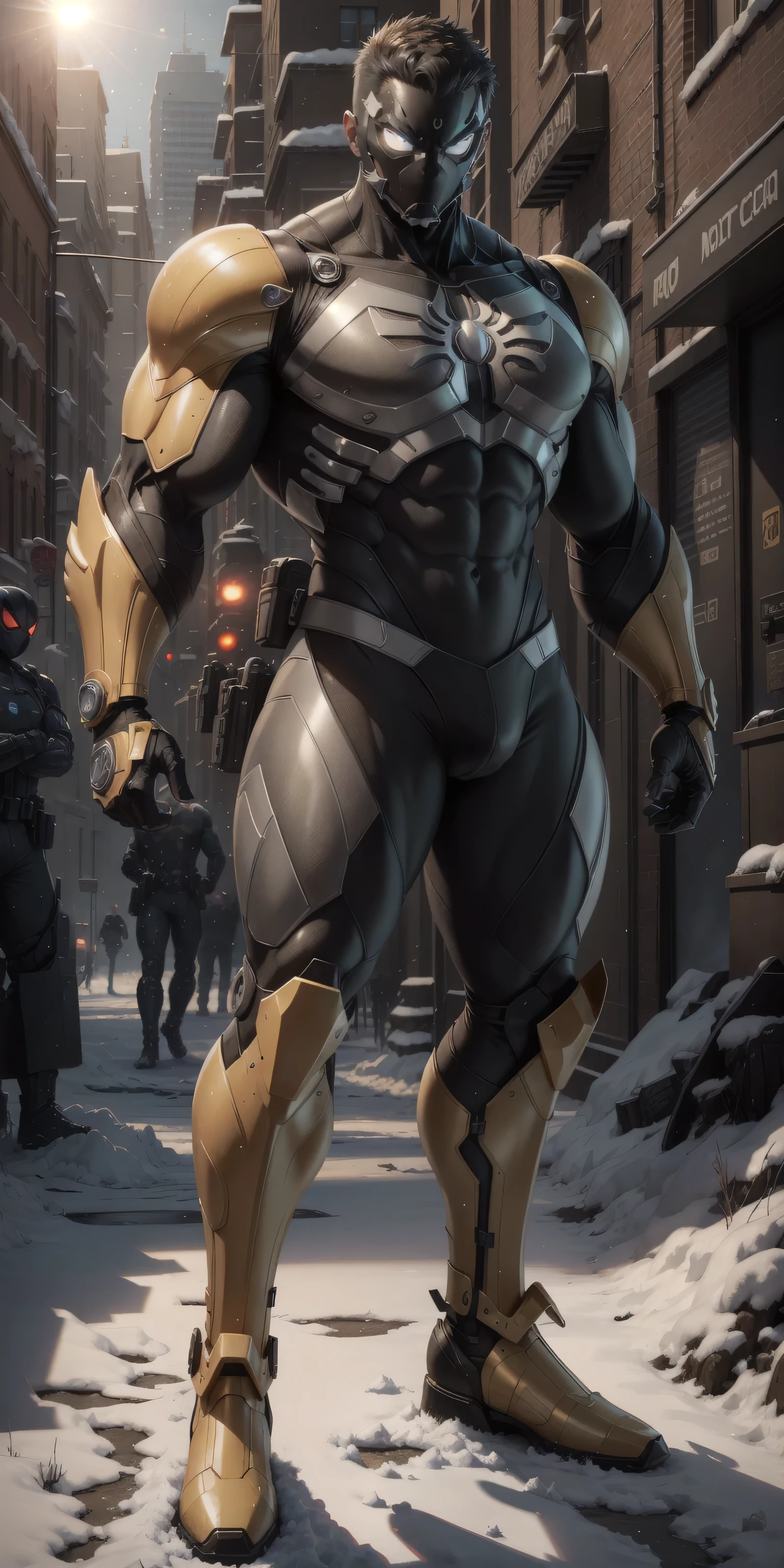Movie poster, full body, character design (Resident Evil - Chris Redfield, Chris Redfield) wearing a milky white combat suit, standing alone on the snowy street, with a sad expression, deep and charming eyes, emerald-like pupils, muscle male heroes, heroic male postures, tall and burly, muscular! Sexy charming developed leg muscles, tall and burly, creamy white combat suit, super buff and cool, high resolution committee, rice cream white combat boots, attractive strong male, bright moonlight on the body, lonely