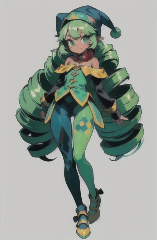 (masterpiece, ultra-detailed, high resolution, best quality:1.2), (anime, simple background, plain background, RPG character, concept art), (full body, 1girl, (loli:1.4)), ((wave drill hair:1.2), long wavy drill hair that flows down to the waist, green hair), (dark skin:1.5), (full body tights:1.5), (bare shoulders, her arms have long false sleeves, puffy cuffs), (tight fitting clothes), (medieval Jester outfit:1.2), (jester hat:1.2), (Blue-Green outfit), (cute smile, green eyes, collar, thick thighs)