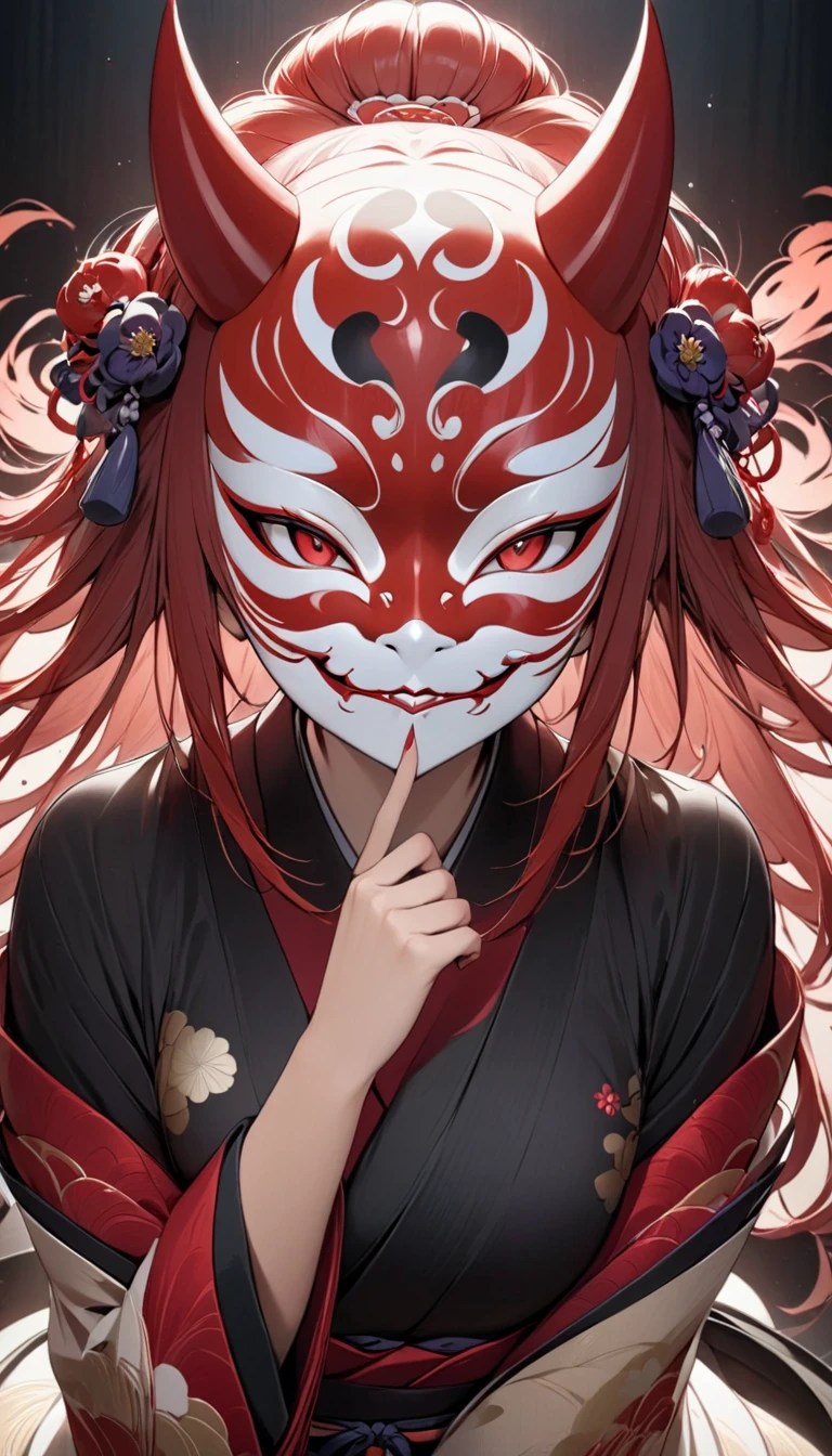 (masterpiece, best quality:1.2), 1girl, solo, Wearing a Japanese demon mask