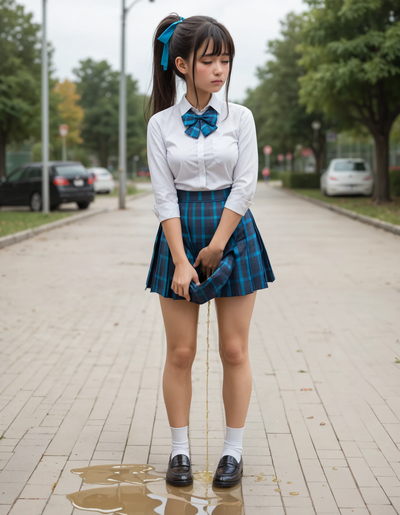 Masterpiece, hd, 1girl, ** y.o, high****** girl, medium breasts, black hair, ponytail, hair ribbon, hair clip, (wearing school uniform), white collared shirt, bowtie, blue plaid skirt, wearing white long socks, wearing brown shoes, standing, outdoor, park, fullbody, sad ,blush, embarassed, holding crotch, peeing, peeing girl, pee stream, leaked pee, pee stain, pee stain on skirt, wetting, wetting on clothes, puddle of pee, puddle of pee on feet, yellow pee