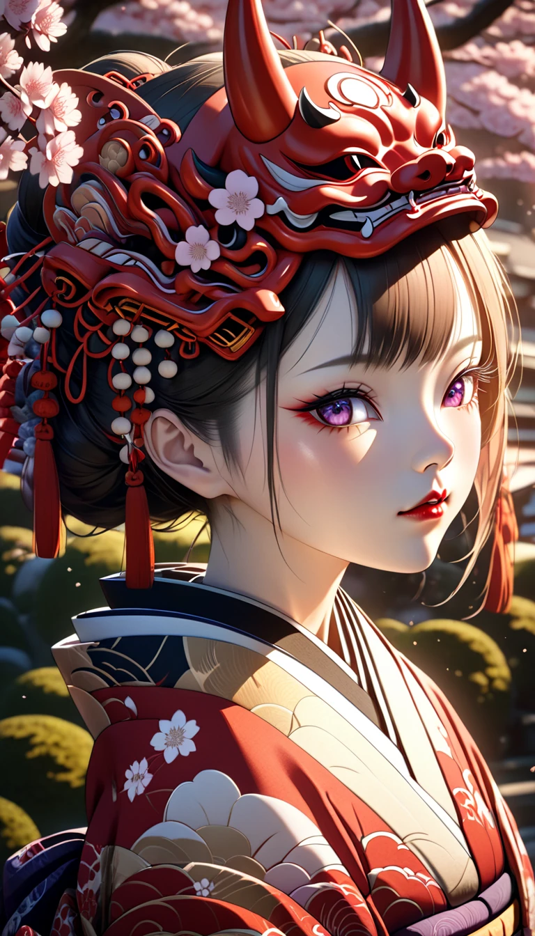 1girl, solo, beautiful detailed eyes, beautiful detailed lips, extremely detailed face, long eyelashes, wearing a japanese demon mask, ornate japanese demon mask, japanese kimono, intricate pattern, detailed texture, beautiful floral garden, sakura blossoms, sunlight filtering through trees, warm lighting, high quality, 8k, photorealistic, detailed environment, cinematic lighting, vibrant colors, dramatic shadows