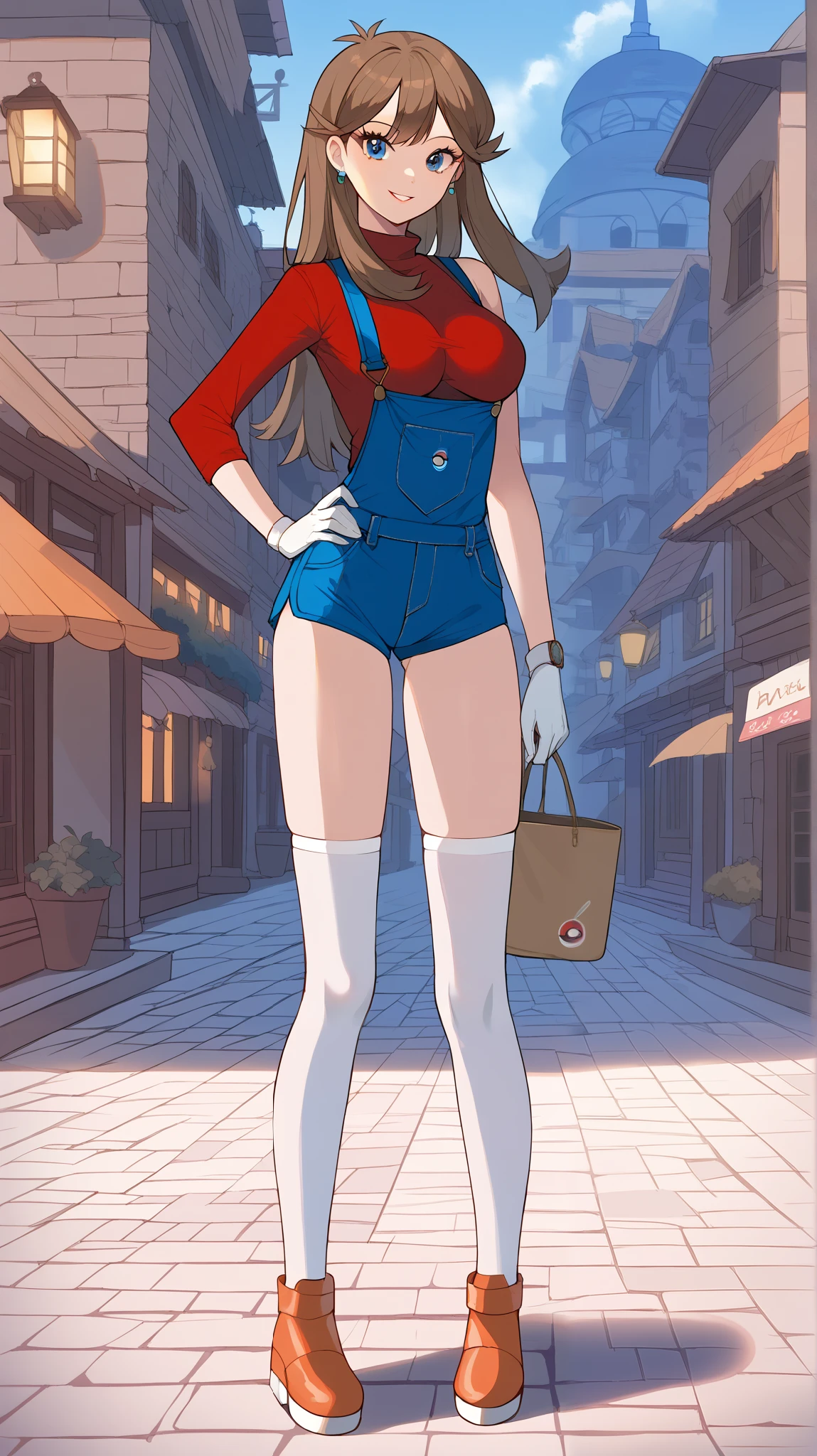 bare hands, no gloves ,Orange brown hair,  long hair,  blue eyes, red long sleeve shirt , blue shorts overalls,  white knee-high stockings reflective on glass floors,  absolute domain, Ample breasts,  Tall,  Watch viewers, 1 Female, Age 18,  standing, Three idiot hairs ,  with bangs, whole body, Place one hand on hip,  slim figure,  sexy smile,  seductive smile, Orange shoes,  score_9,  score_8_Excellent,  score_7_Excellent,  score_6_Excellent,  top quality,  source_Anime,  cell shading ,  flat color, vector,  detailed background, town, building,  break 1 girl , Alone, (\ Pokemon\), Outdoor,