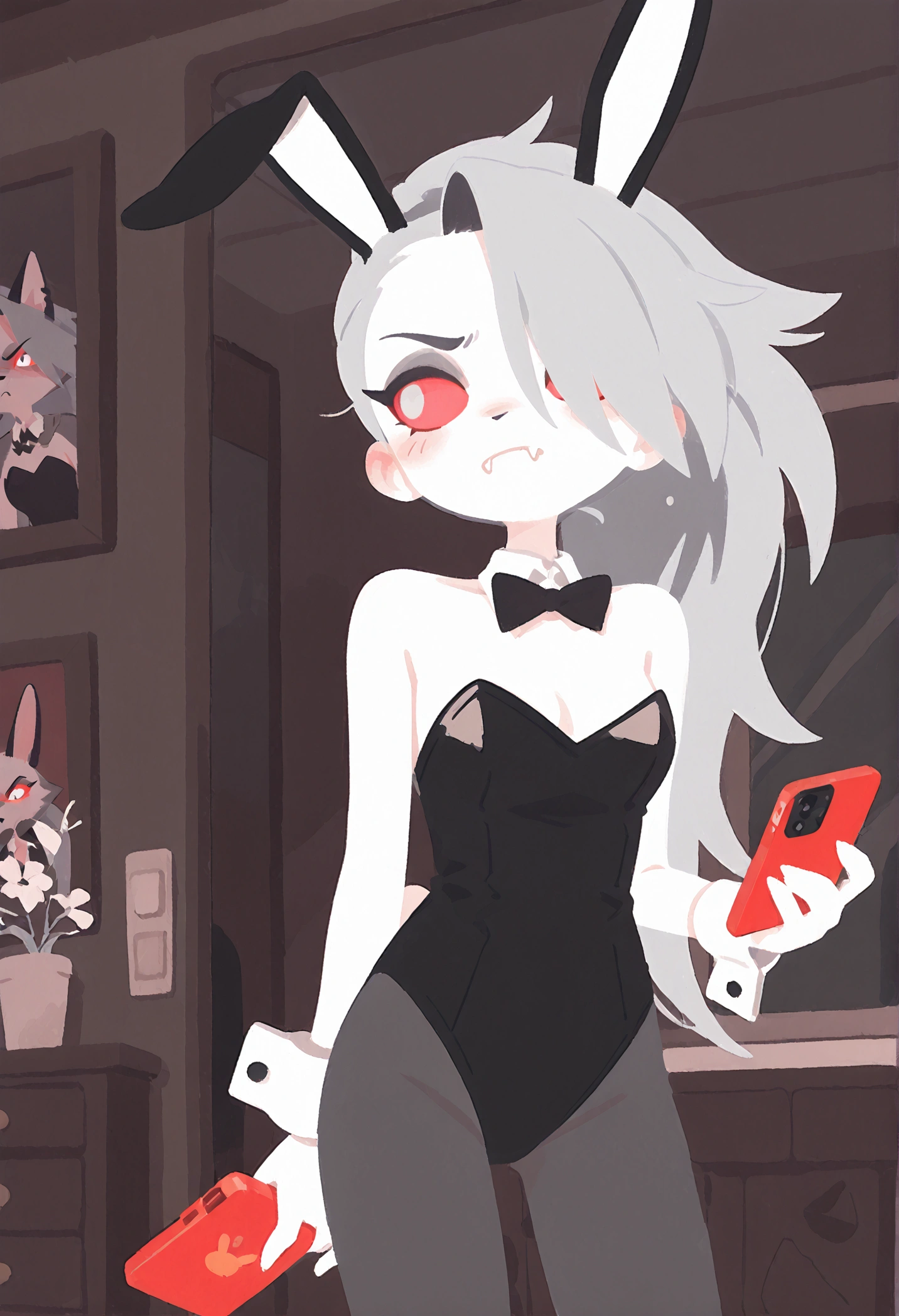 solo,1girl\((red sclera:1.3),(white eyes:1.3), (Loona:1.3), Loona\(Helluva Boss\),hellhound, Anthro, furry, (hair over one eye:1.3), (fang:1.4), sharp teeth,holding red iphone,looking away,(bunny suite:1.3),(bunny ear:1.3),angry,shy\). score_9, score_8_up, score_7_up, score_6_up, score_5_up, score_4_up, source_anime,source_furry,rating_safe,rating_questionable,masterpiece, best quality, perfect anatomy , very aesthetic , absurdres.simple backgrownd,(flat color,no lineart:1.3)