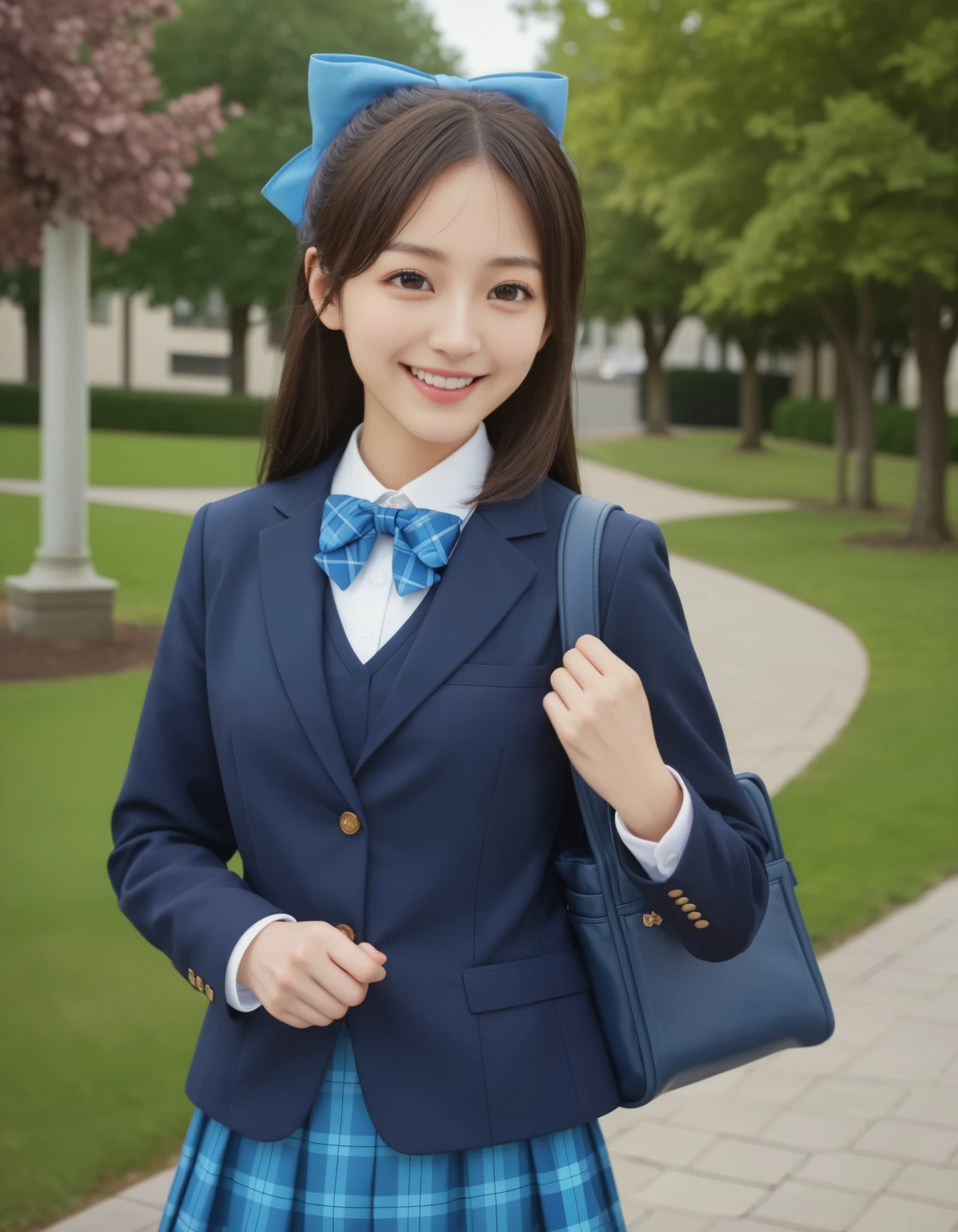 best quality,masterpiece,  realistic, 4k, best quality , 1girl, solo,tachibana arisu, brown hair, brown eyes, long hair, blue hair ribbon, bang, dark brown blazer, brown vest , white collared shirt, blue bowtie, blue plaid skirt, opened jacket, hair bow, holding school bag, blue bag, standing, outdoor, park, smile, cowboy shot
