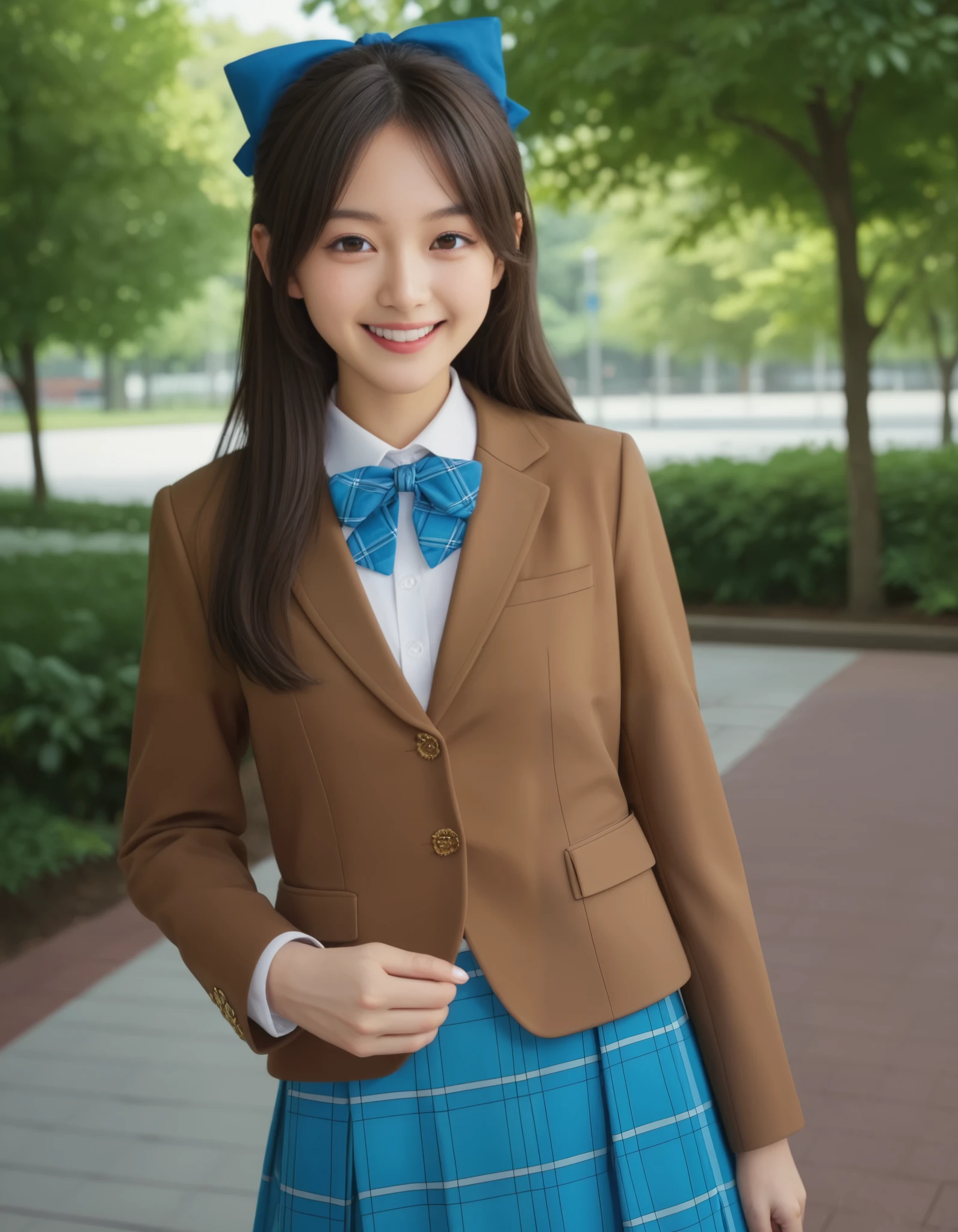 best quality,masterpiece,  realistic, 4k, best quality , 1girl, solo,tachibana arisu, brown hair, brown eyes, long hair, blue hair ribbon, bang, dark brown blazer, brown vest , white collared shirt, blue bowtie, blue plaid skirt, opened jacket, hair bow, holding school bag, blue bag, standing, outdoor, park, smile, cowboy shot
