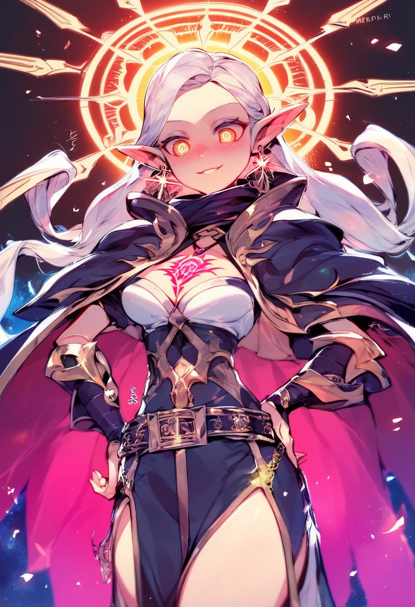 with small horns and elf ears, smile, dark skin, tan, fantasy skin, red eye, tail, spiky white hair, dark blue uniform, pink tie, pink sock, black boot, galaxy background, electricity, lightning