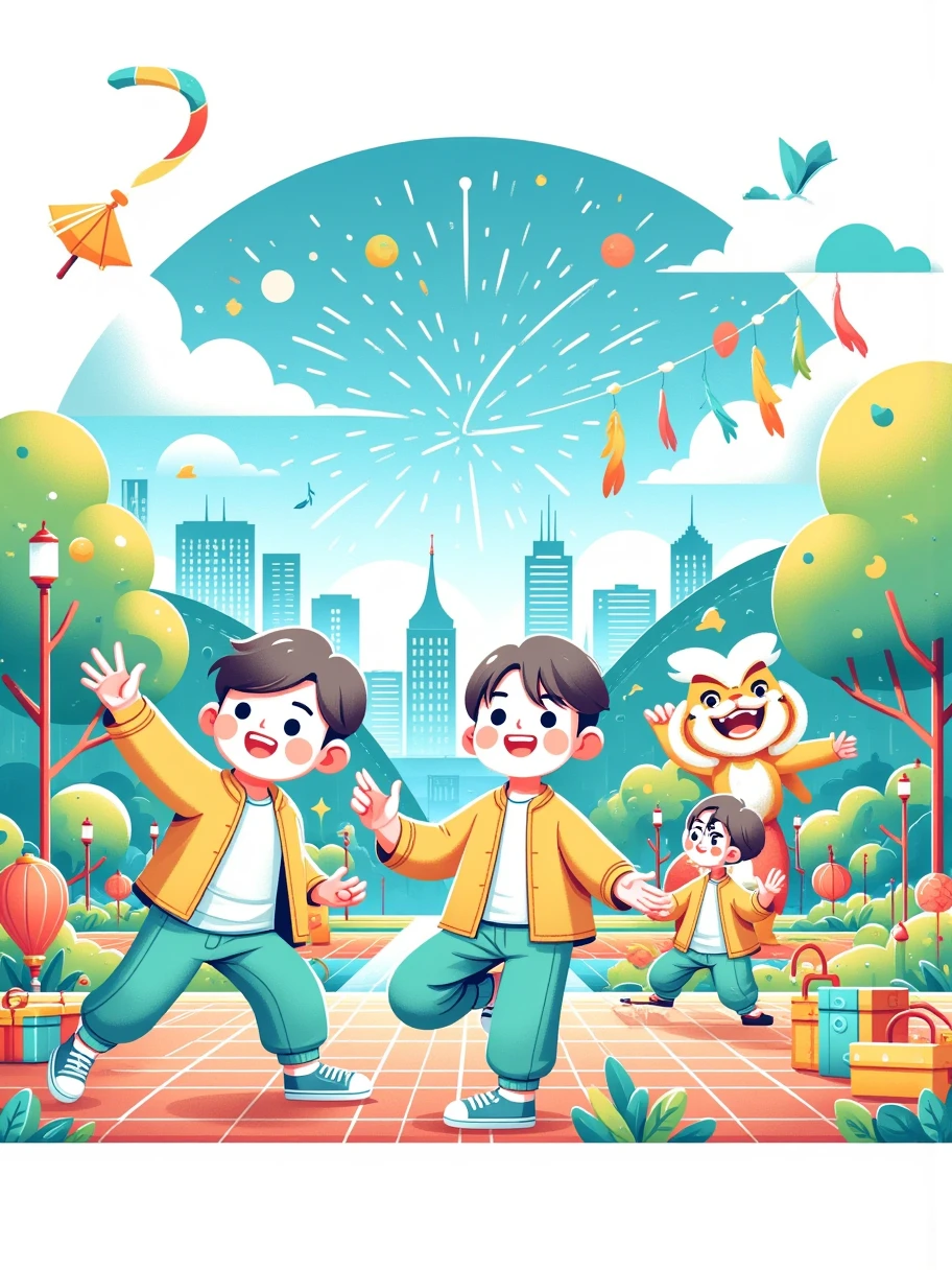  A vibrant and joyful vector style illustration， Celebrating the Chinese New Year。 This scene is full of children having fun，Surrounded by fireworks 、, firecrackers and lion dances 。 Children wearing traditional Chinese costumes，Laughter ， holding holiday items such as lanterns and red envelopes in their hands 。 The background is full of decorations unique to the Spring Festival ， of the Chinese New Year 。 The whole atmosphere is festive and colorful ， embody the ， contains traditional and cultural elements 。 The scene is set in a bustling town square ， Surrounded by modern Chinese rural buildings 。