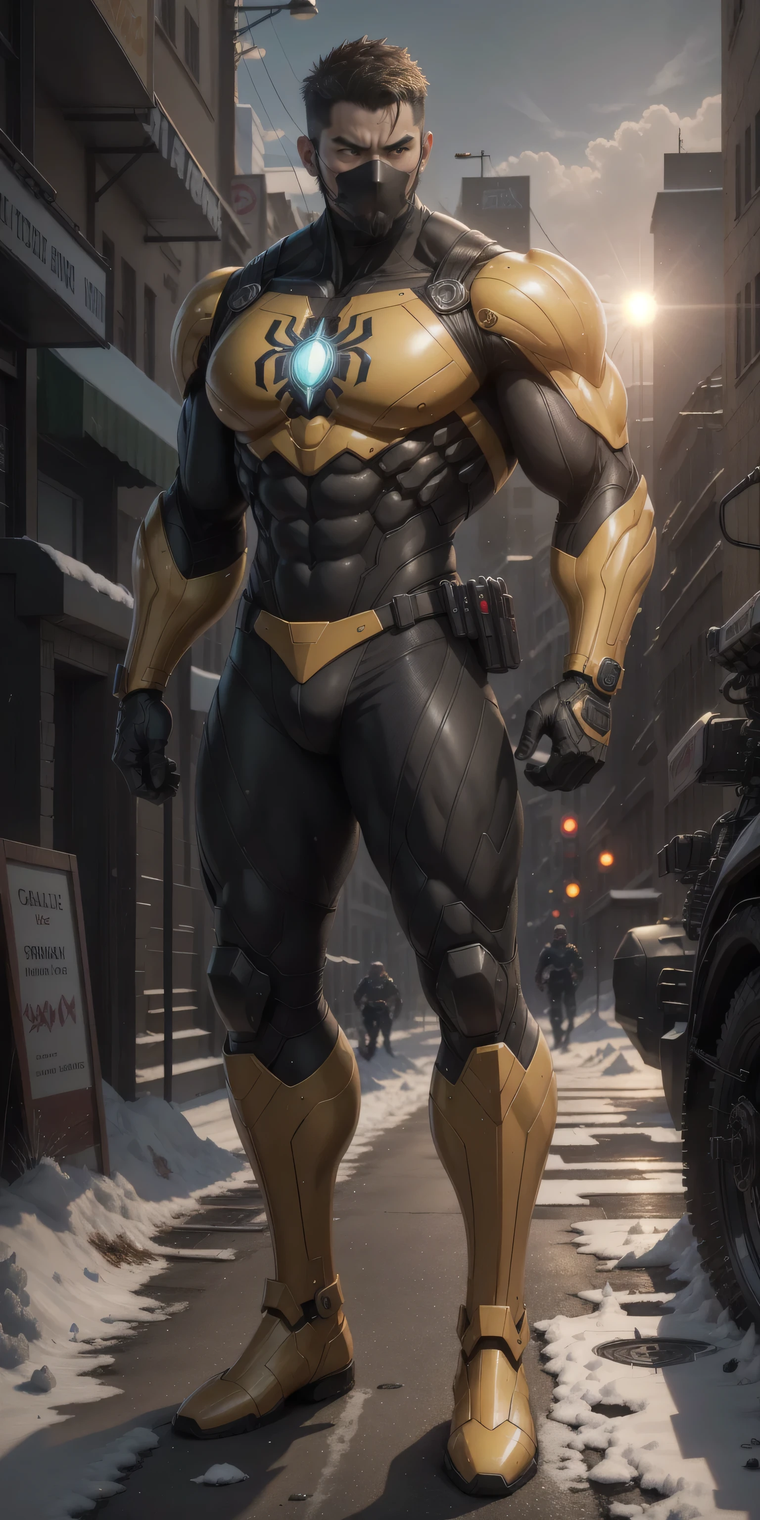 Man in yellow and black clothes standing in desolate ruins, muscular male hero, Buzz cut, heroic male pose, tall and burly, muscular! Wearing black sunglasses, stealth suit, symmetrical pattern texture design, super buff and cool, high resolution committee, character design police, black military boots, attractive strong male