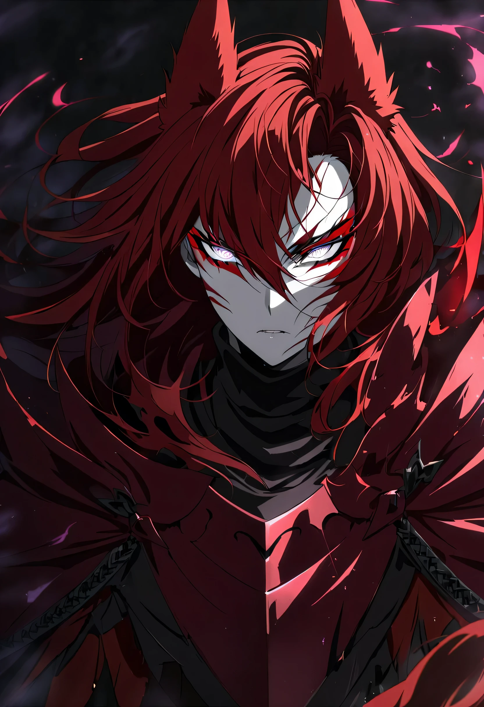 One woman, mature, anime character art, tall, sinister expression, blind eyes, white eyes, red eyeliner, sharp face, large fox ears, seven red fox tails,flowing red hair,hair over left eye, plain maroon armor, KNIGHT CRUSADER, fingerless gauntlets, medium pauldrons, black turtleneck undersuit, red long cloak, claws, facing center, dark colors, dark lighting, dark background, AissistXLv2