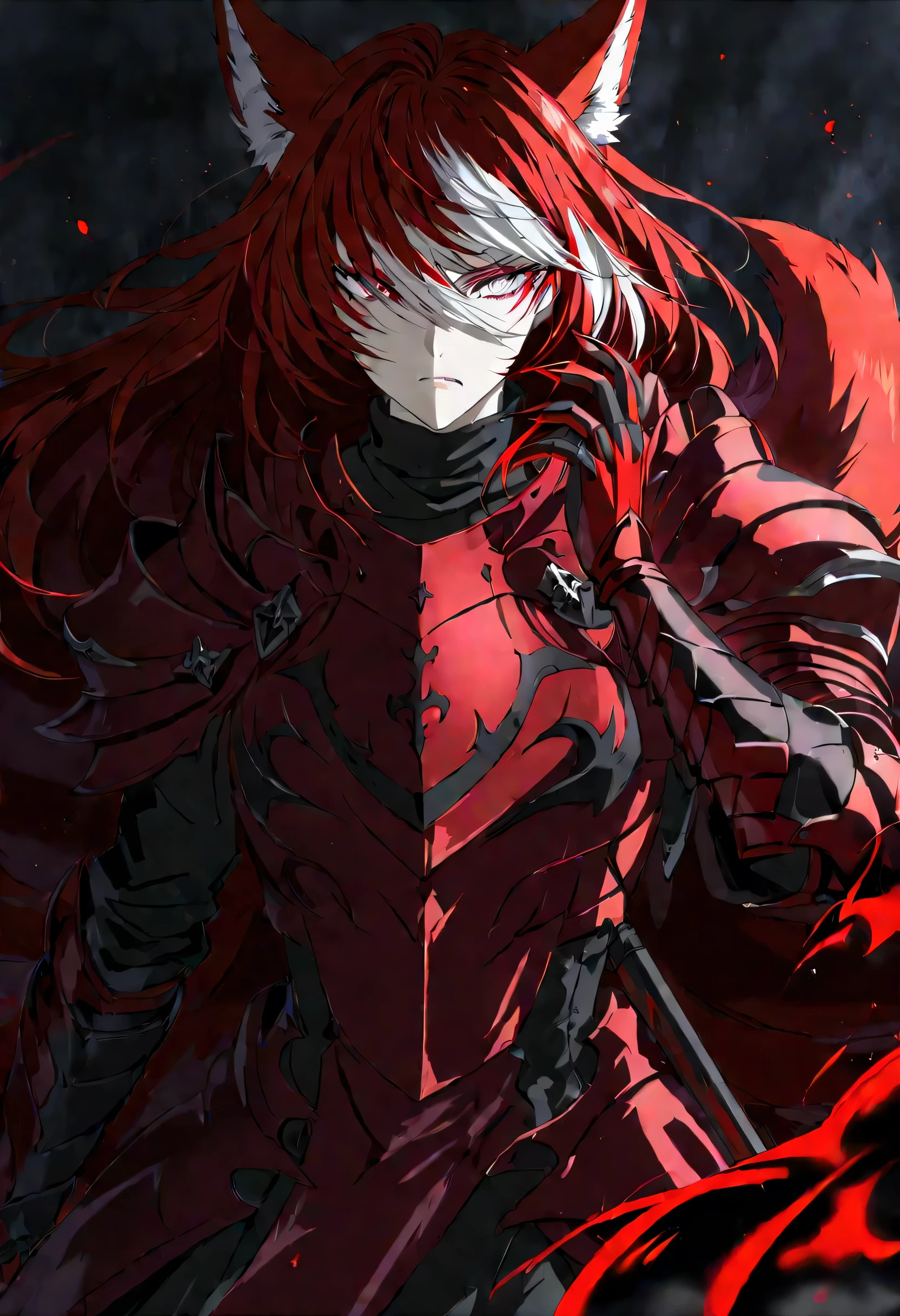 One woman, mature, anime character art, tall, sinister expression, blind eyes, white eyes, red eyeliner, sharp face, large fox ears, seven red fox tails,flowing red hair,hair over left eye, plain maroon armor, KNIGHT CRUSADER, fingerless gauntlets, medium pauldrons, black turtleneck undersuit, red long cloak, claws, facing center, dark colors, dark lighting, dark background, AissistXLv2