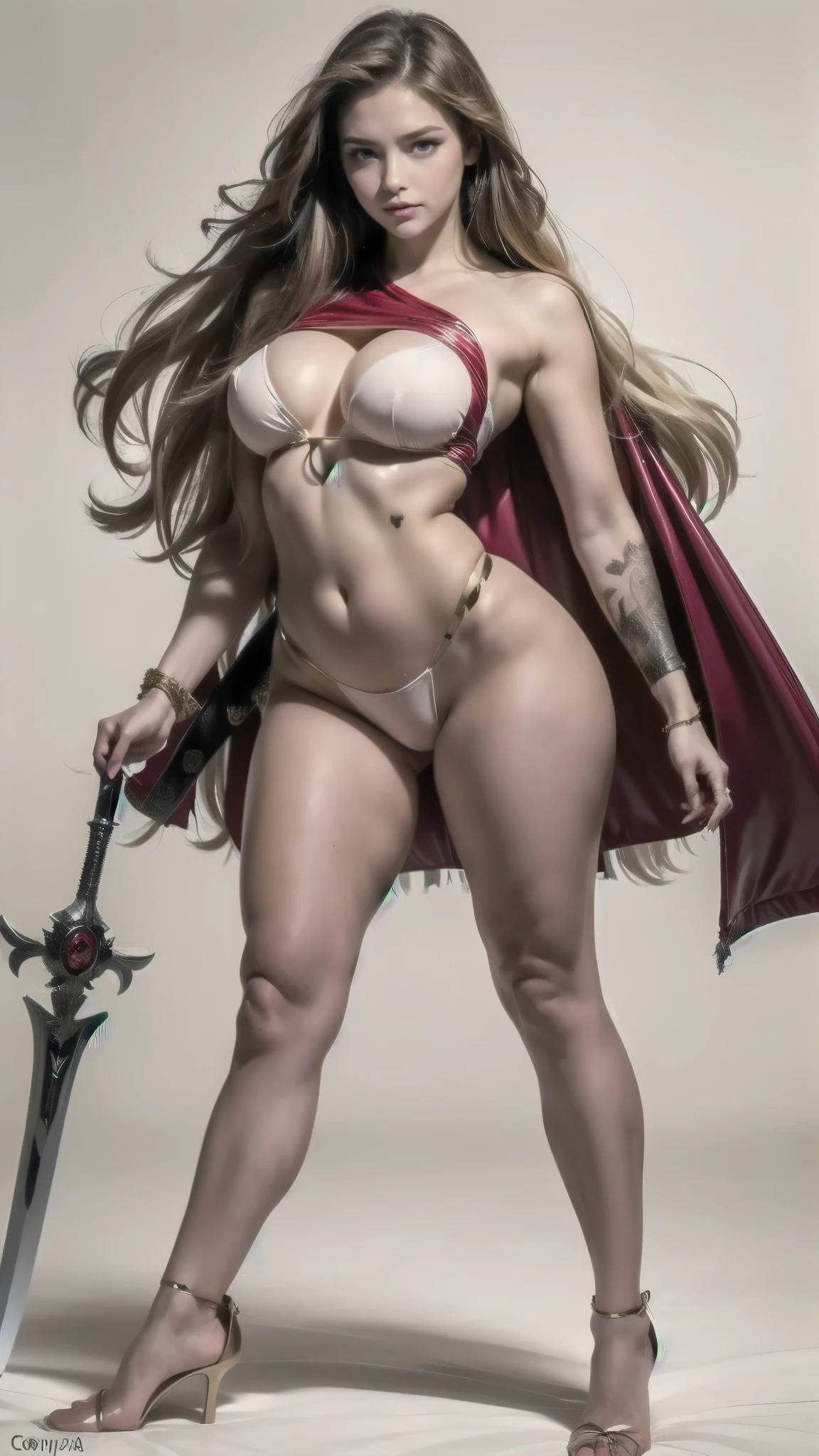  a cartoon of a woman in a white dress and red cape holding a sword, Ela-Ra, She - RA,  girl of the knights of the zodiac , Modern Portrait of Darna,   intergalactic princess  ,  the sailor galaxy . beautiful, She-Ra: Princess of Power, The goddess Artemis smiling , Cory Chase como Atlante,  also known as Artemis , The Selene , 
([long hair hair]:1.8), (full body:1.8), (upper body up:0.3), (hyper realistic:1.4), (realistic:1.3), (best quality real texture skin), Detailed eyes, detailed face, PERSEPHONE, persephone, (SFW:1.5) Hyperrealistic, LESS saggy breasts, (SMALL BREASTS:1.5), (HUGE LEGS:1.5), (LESS THIGHS:1.5),  perfect legs ,  perfect legs , pernas added, pernas added e perfeitas,  shapely legs, toned thighs, pernas added, Smooth thighs. ( erotic pose :1.5), (thick eyebrows:1.2), (big purple eyes:1.2), ( ultra detailed eyes :1.4), ( high resolution eyes :1.1), ( ultra detailed skin texture :1.4), (Beautiful toned body:1.1),  cameltoe