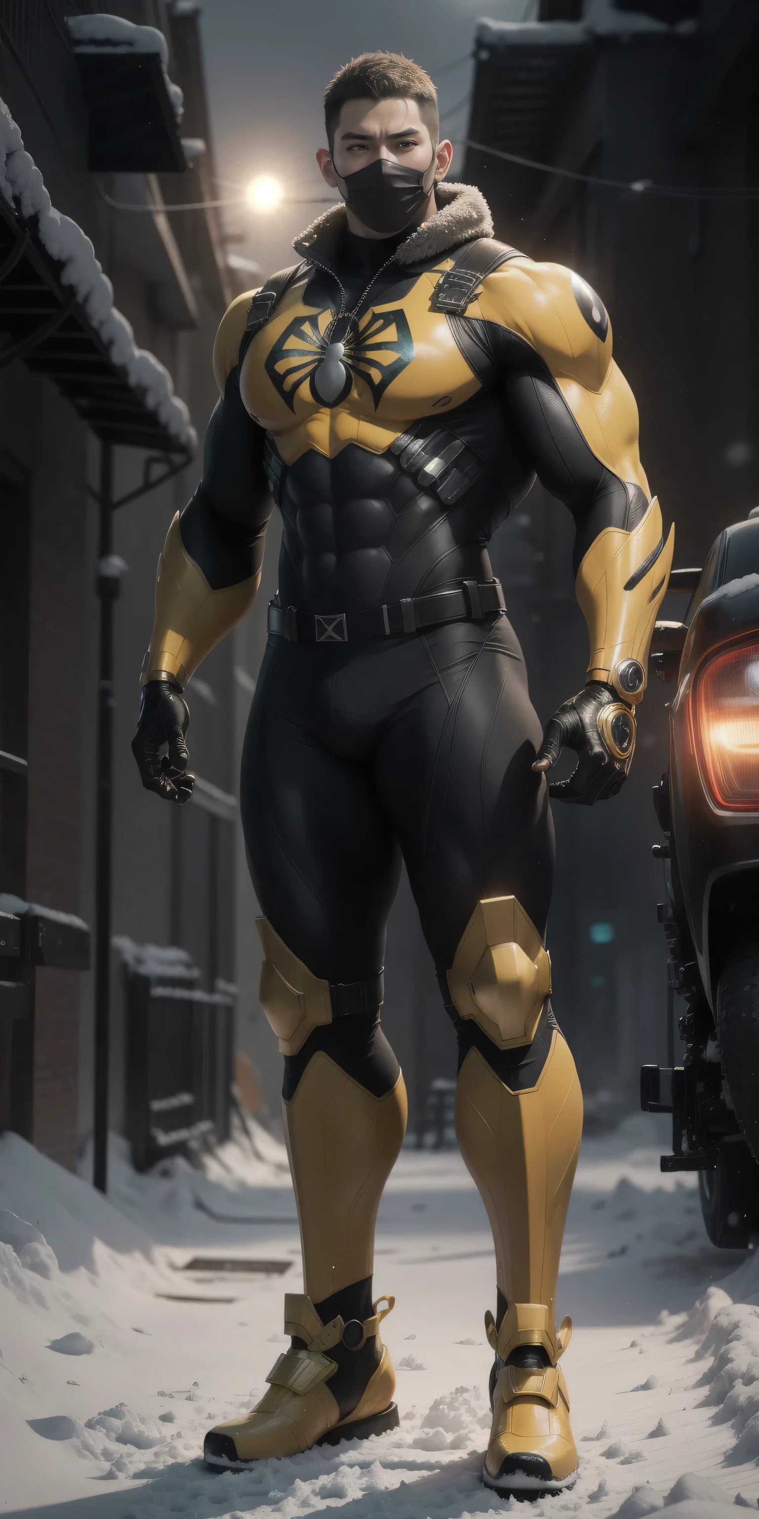 Arad man in yellow and black clothes standing in sunny forest, American round head, Buzz cut, tall and burly, muscular male hero, heroic male pose, muscular! Wearing black sunglasses, spandex tight high elastic bodysuit, super buff and cool, high resolution committee, character design police, black military boots, attractive strong male with spandex tight high elastic bodysuit, sunlight shining through the tree