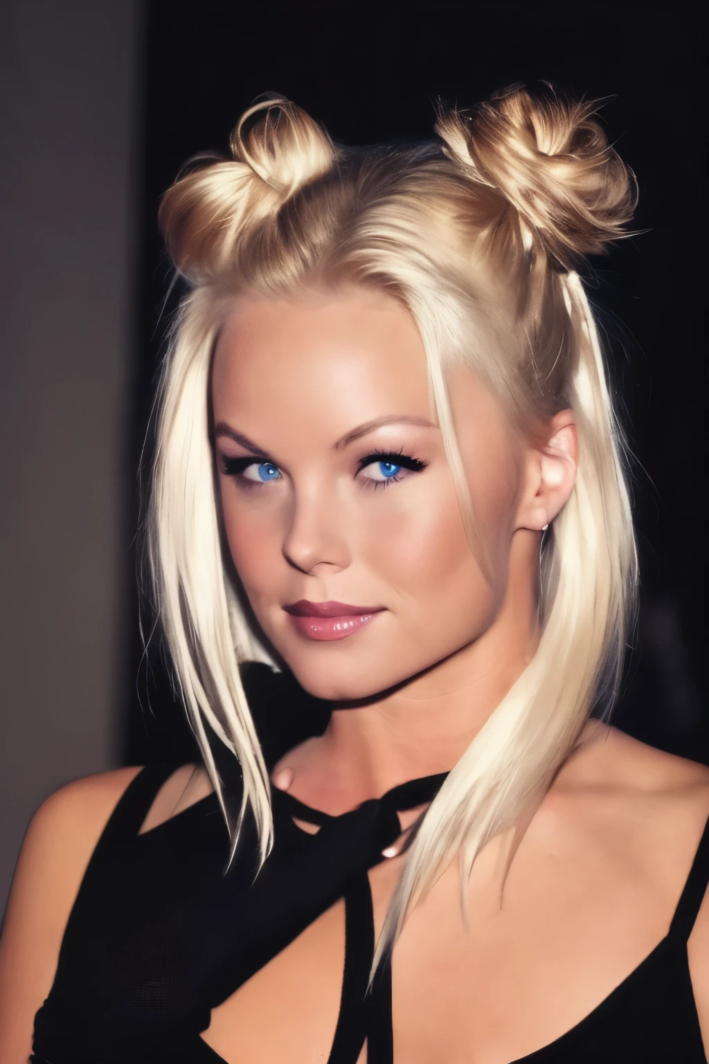 an eye contact of a blond with bun hair and dark theme