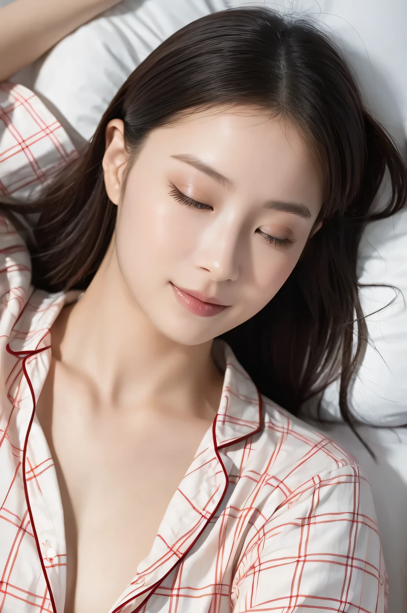  beautiful girl sleeping in bed, (:1.2), ( top quality:1.4), ( very detailed), ( very detailed美しい顔), ( closes the eye:1.8), ( Plaid Pajamas:1.4), smile,  amazing face and eyes, iris,  bob hair,  Japanese Beauty, ( slender body:1.3), smooth,   very detailed CG integration 8k Wallpaper,  high resolution RAW color photo ,  Professional Photo, light, Backlight, Dreamy, Impressive,  written boundary depth, bedroom, ( Face Closeup :1.3), (Shooting from above:1.４)