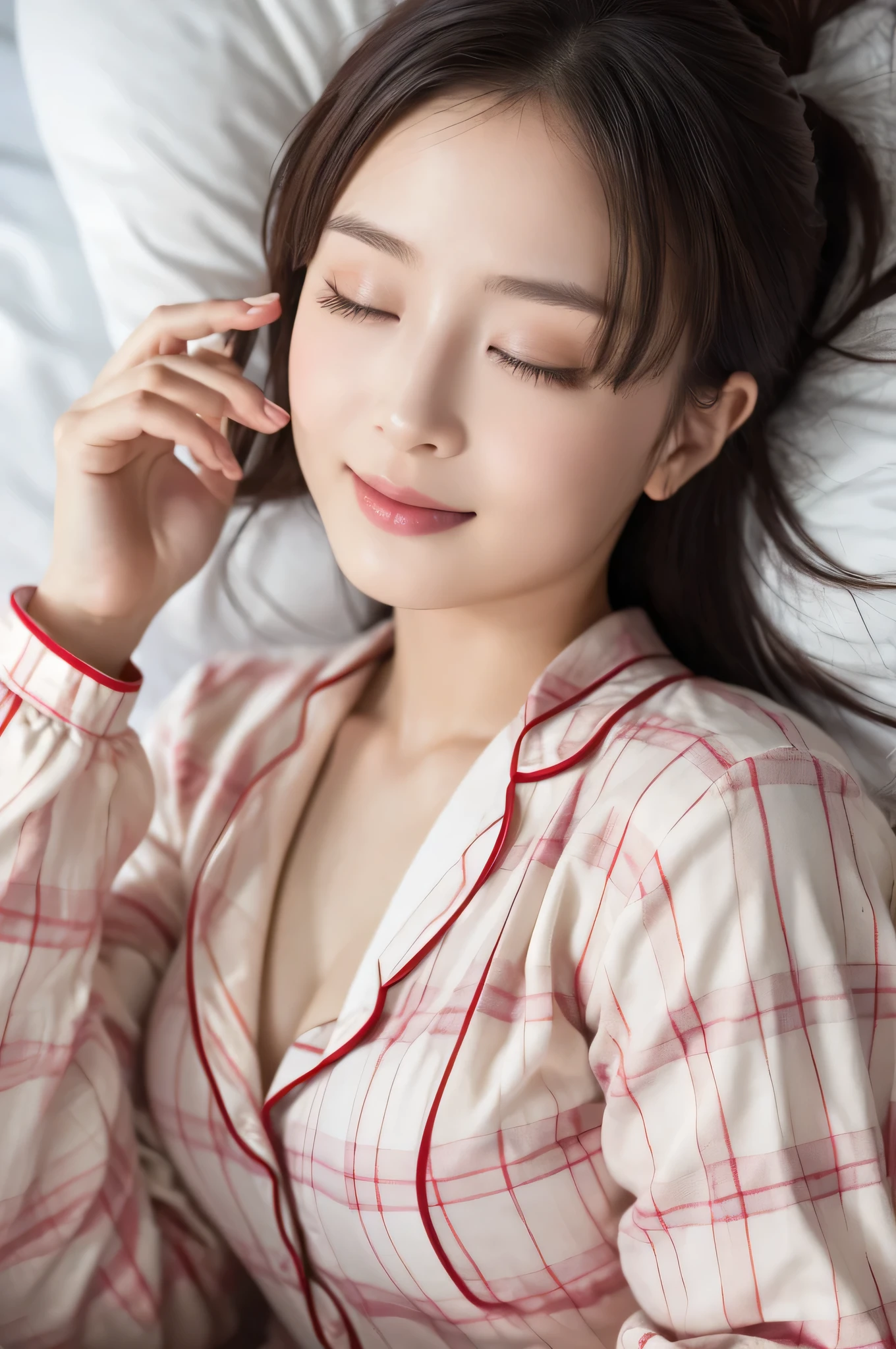  beautiful girl sleeping in bed, (:1.2), ( top quality:1.4), ( very detailed), ( very detailed美しい顔), ( closes the eye:1.8), ( Plaid Pajamas:1.4), smile,  amazing face and eyes, iris,  bob hair,  Japanese Beauty, ( slender body:1.3), smooth,   very detailed CG integration 8k Wallpaper,  high resolution RAW color photo ,  Professional Photo, light, Backlight, Dreamy, Impressive,  written boundary depth, bedroom, ( Face Closeup :1.3), (Shooting from above:1.４)