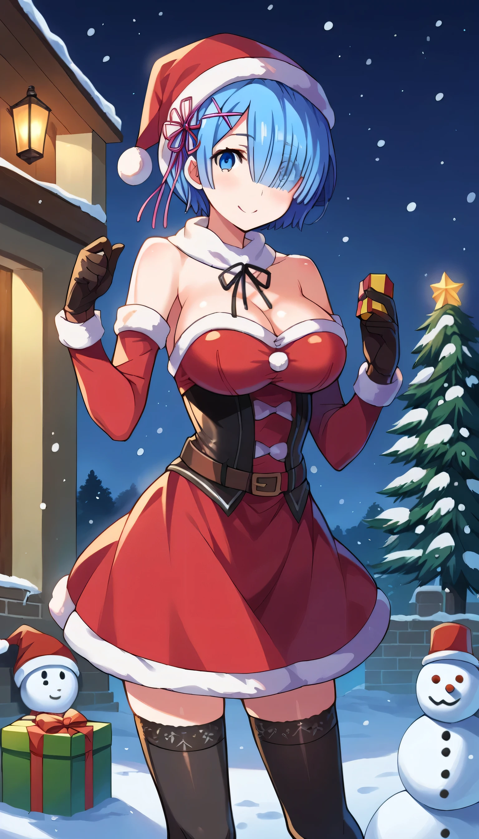 masterpiece, best quality, 1 solo girl, dark blue hair, blue eyes, short hair, wavy hair, Christmas ornaments, medium breasts, mature body and face, red christmas dress, christmas, christmas light, christmas tree, red gloves, red santa skirt, holding gift, red bra, red panty, leg up, cowboy shots, sexy pose, dakimakura, detailed body, face, and eyes, sharp focus, vibrant, creative, dynamic, high definition, high resolution, 8k, (Upscale: R-ESRGAN 4x+ Anime6B), (Image enchance:4x), voluptuous body