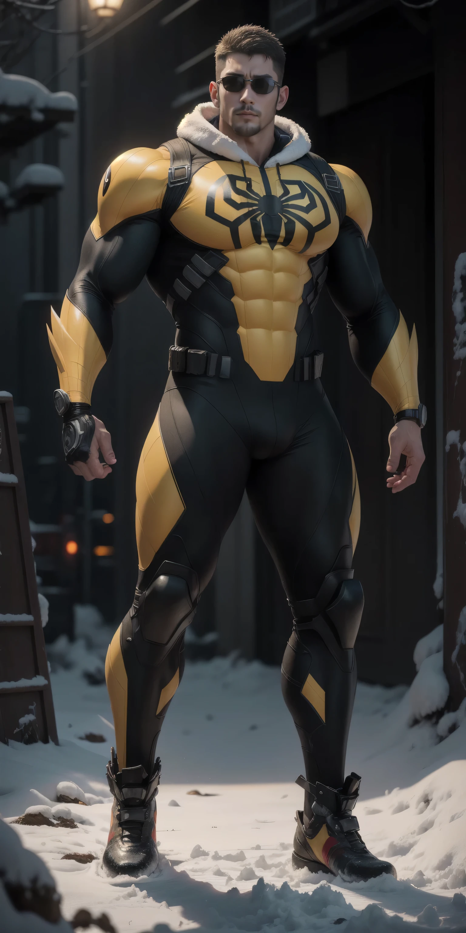 a muscular dragonborn superhero with a yellow body, blue eyes, and fins, wearing a cyberpunk-style superhero suit, shirtless, standing in a room with a street and neon lights outside, detailed eyes, high quality, best quality, huge bulge