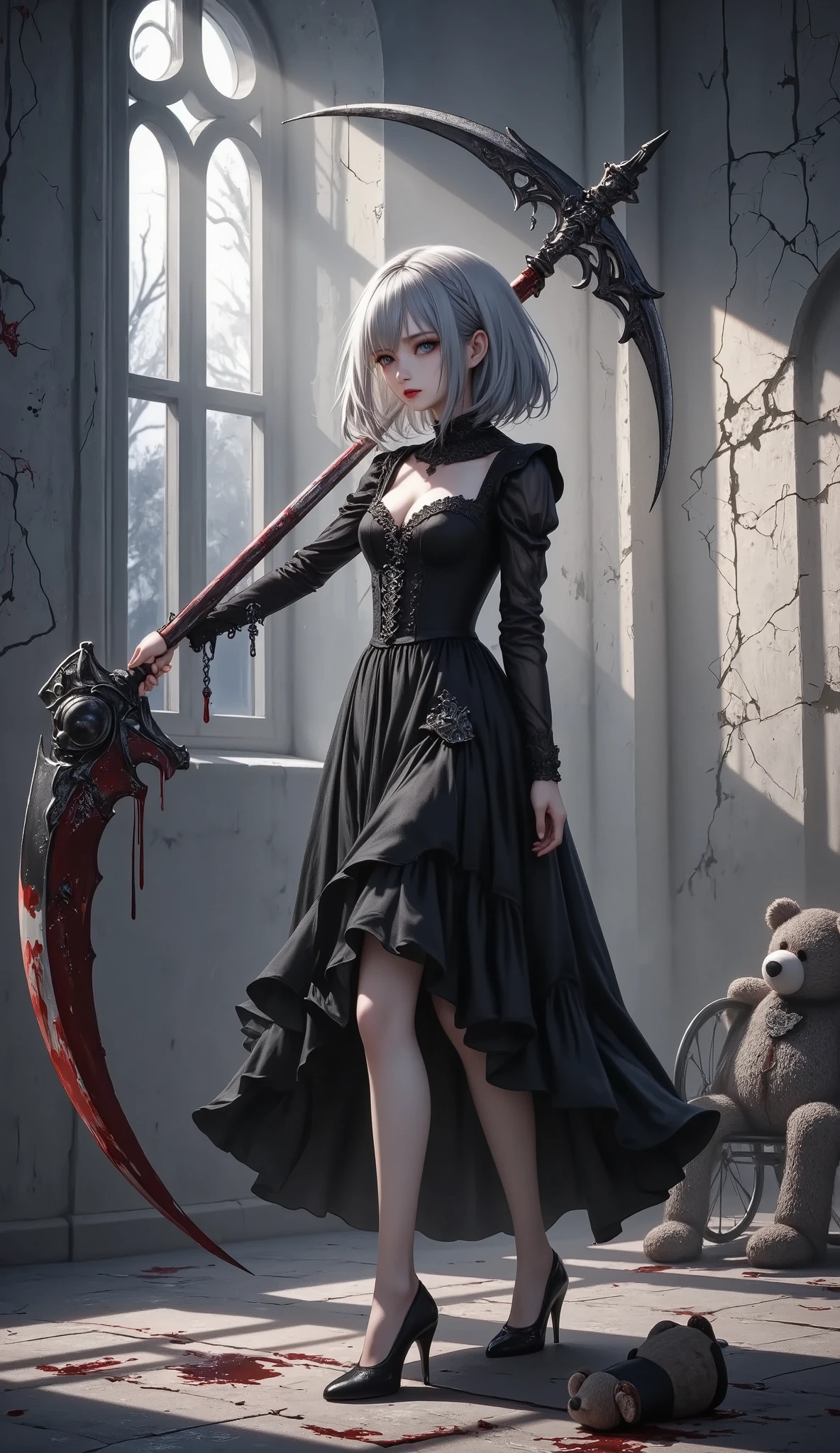 masterpiece, best quality, 8k, highres, ultra-detailed, HDR, UHD, ultra-fine painting, Gothic illustration style,dark fantasy theme, dark gothic theme, Gothic Art style, Chiaroscuro,BREAK, 1girl\(gothic style\), 180cm height,Absurdly beautiful and tall,great figure,side bang,from front,full body,gothic dress,blood on leg, Look at me with disdain,Please laugh me without mercy,evil smile expression),BREAK,large death scythe double-handed grip, Dynamic Motion Blur,death scythe\(perfect shape,blood on weapon, Skull decoration handle dy chain,intense energy\), BREAK, desolation church\(cracked walls, broken windows, torn curtains, rusted wheelchair, fallen IV stand, eerie silence, drifting mist, dusty floor, long shadows, moonlight through broken glass , (bloodstains:1.45),handprints on walls, (elaborate stuffed teddy bear lies on the floor, covered in blood),BREAK,cold and ominous atmosphere, Dark gothic atmosphere, faith rule, insanity CG