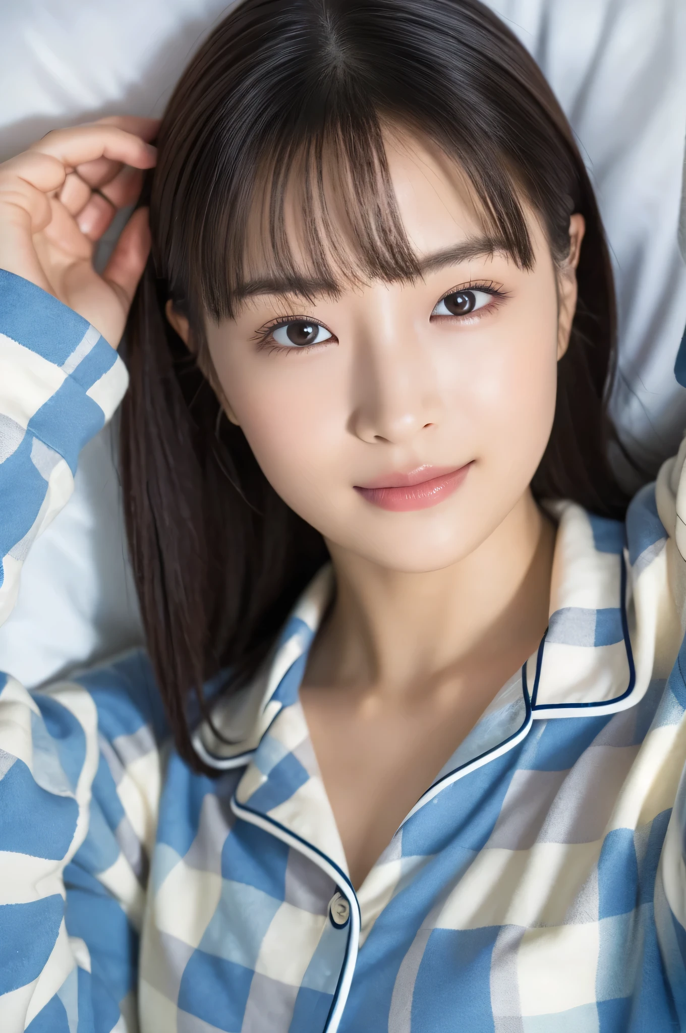  beautiful girl sleeping in bed, (Baby Face:1.2), ( top quality:1.4), ( very detailed), ( very detailed美しい顔), ( closes the eye:1.4), ( Plaid Pajamas:1.4), smile,  amazing face and eyes, iris,  bob hair,  Japanese Beauty, ( slender body:1.3), (Sleepy face:1.3), smooth,   very detailed CG integration 8k Wallpaper,  high resolution RAW color photo ,  Professional Photo, light, Backlight, Dreamy, Impressive,  written boundary depth, bedroom, ( Face Closeup :1.3), (Shooting from above:1.４)