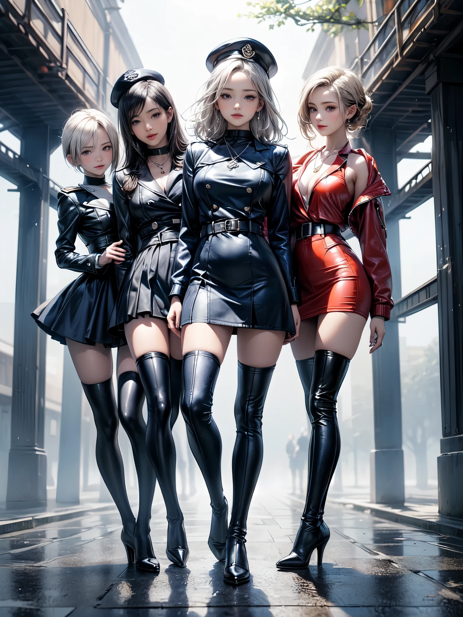 (Full body shot:1.3), Must show your face, anatomy correct, Stocking tights must be worn, The characters wear cute student uniforms of any color ,Complex and diverse backgrounds,Strangling effect, High-heeled leather shoes, anklet, leg loops, collars, Heavy makeup, A shallow laugh, hyper HD, Ray traching, structurally correct, Award-Awarded, high detal, lightand shade contrast, cinmatic lighting, tmasterpiece, super detailing, high high quality, high detal, best qualityer, 16k