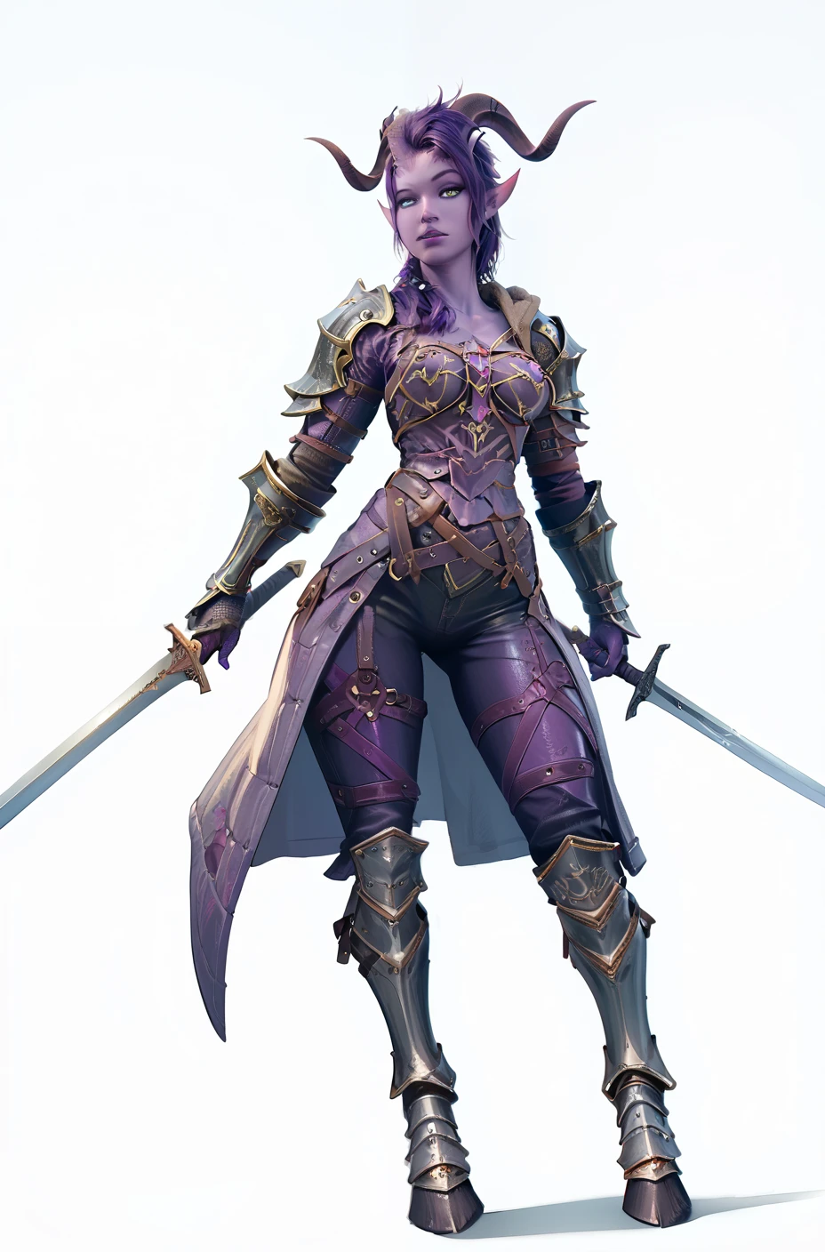 score_9, score_8_up, score_7_up, score_6_up
, 1girl, tiefling, demon horns, purple hair, purple skin, looking at viewer, simple background, full body, knight armor, armored trench coat, armored gauntlets, swords strapped on back. Strong, tall, pants