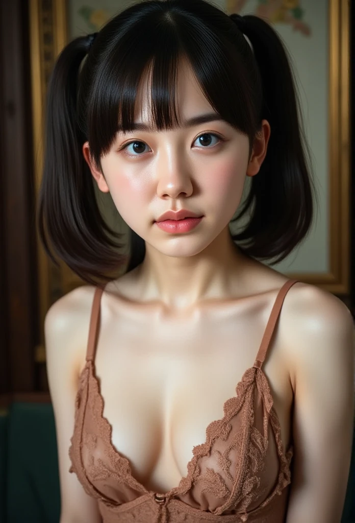 masterpiece, 最high quality,16k,8K,beautiful,get used to it,exquisite,extremely get used to it, finely get used to it, high quality, insanely get used to it, ultra get used to it, ultra high resolution, 超high quality, beautiful face, Japanese, NSFW,While naked, (Her underboobs are showing through her flashy micro bikini,cute girl,Thick twin tails:1.6),Cinema Lighting ,detailed nipples,