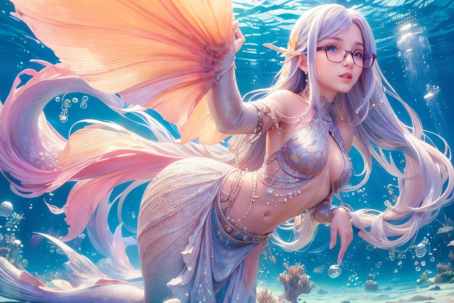 Best quality, realistic, detailed face, masterpiece, colorful hair, cute, beauty, glasses, see front, full body, seethru armor, small breast, no panty, naked, underwater, lay pose, Leviathan, flowing splash water, 