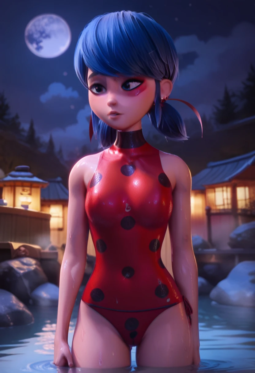 Red bra black panties chinese clothes chinese female earrings female female only long hair moon nipples nipples visible through clothing onsen revealing clothes solo solo female Blue hair Marinette 