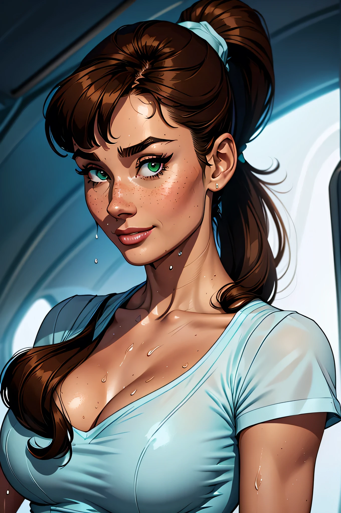 (  absurd,  high quality ,  ultra detailed,  watch out for your hand  ) Close-up of a woman (flight attendant) athletic and skinny curvy ,  BOUQUET, 25 years, 8k ((  high definition )), Beautiful smile up close , seductive look,  green eyes , wearing a long dark blue  (( V-neck,  short sleeves  )),  thin waist , pele morena,  Long brown hair  (( with a ponytail and bangs)), Walking inside an airplane  ((  upper body  )),  with freckles on your chest and neck , ((  big round breasts, Wet with sweat  )), (( Well defined collarbone )). Marvel style ((  high quality  )),  white background.