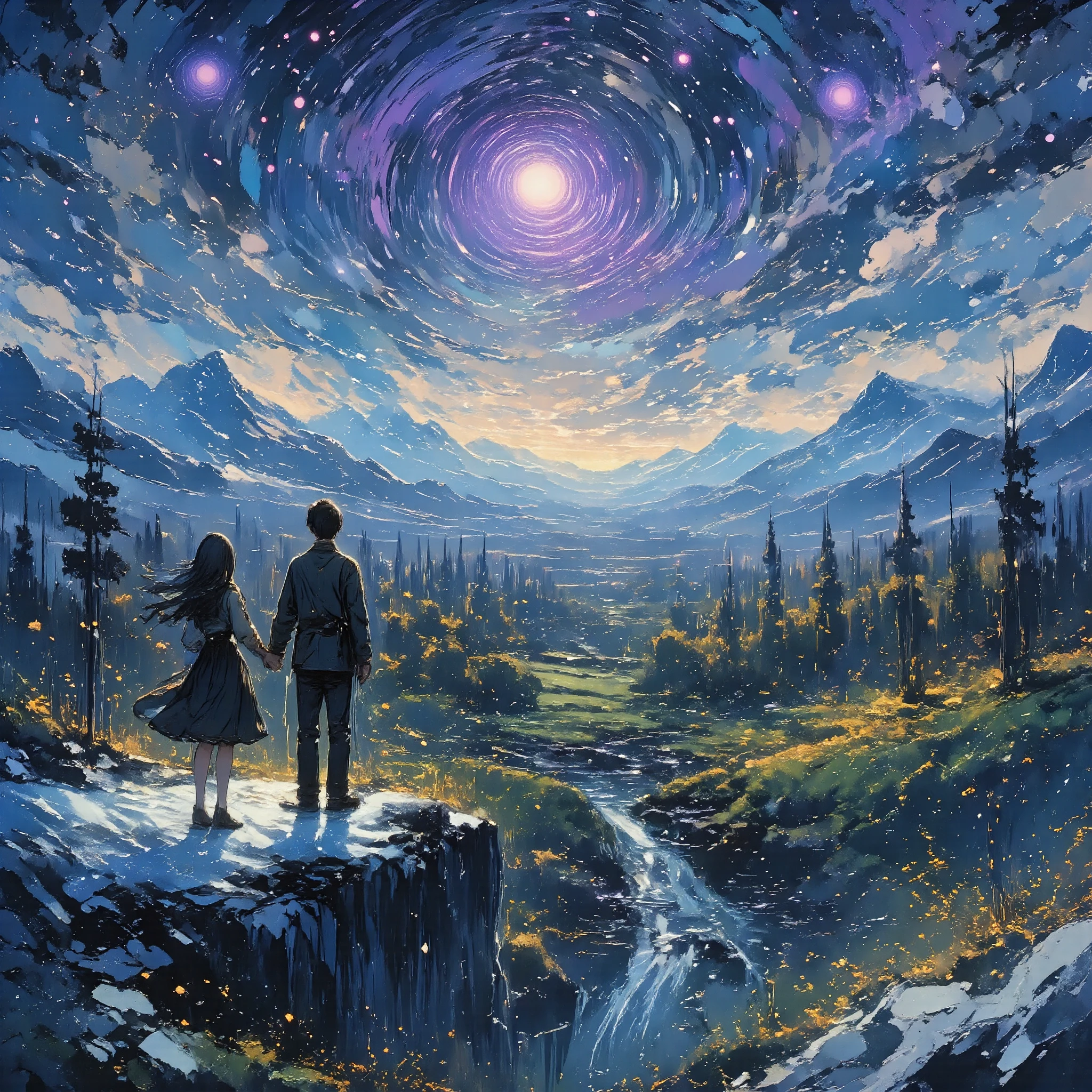 a couple holding hands, a girl with a black dress and long black hair, (glowing blue eyes:1.3), a guy with short black hair, (guy with glowing blue eyes), standing on cliff, standing on edge of cliff, large mountains in background, forest, trees, (green trees and hills:1.2), (purple sun), purple haze, facing away from camera, trees flying in wind, birds, detailed environment, realistic, photorealistic, photorealistic: 1.37, best quality, 4k, 8k, high resolution, masterpiece: 1.2 , ultra-detailed realistic snow texture, detailed snowscape, dramatic lighting, cinematic compositing, (best quality,4k,8K,high resolution,masterpiece:1.2), ultra detailed, sharp focus, (realistic,photorealistic,photo-realistic:1.37), dramatic lighting, moody lighting, cinematic lighting, chiaroscuro lighting, dramatic shadows, dramatic moments , vivid colors, intense colors, deep contrast, cinematic depth of field, cinematic composition, cinematic camera angle