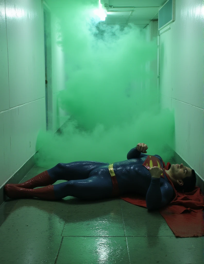 A laboratory in the near future. A naked Superman is lying unconscious in a transparent tube. He has green slime poured over his head and is unconscious. He is naked and hairy, and his tiny underwear is bulging.