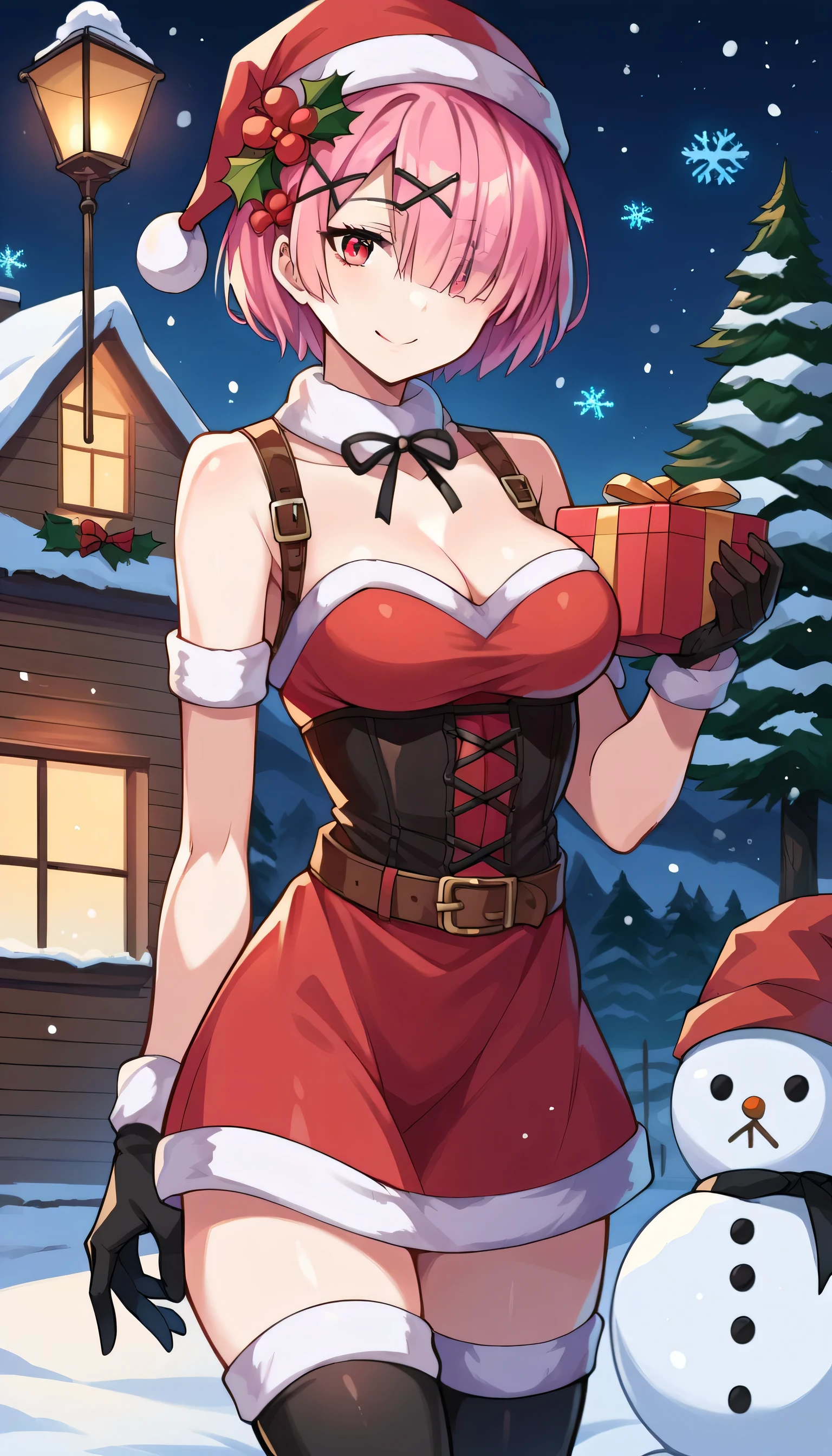 , snowman, snow, snowflakes,  snowing,  night, 1girl, solo, hat, santa_hat, santa_costume, thighhighs, gift, gloves, breasts, christmas, fur_trim, snow, , belt, snowing, looking_at_viewer, night, black_thighhighs, black_gloves, cleavage, outdoors, smile, dress, , gift_box, medium_breasts, , box, , , tree, , red_dress, corset, lamppost,ram, hair flower, hair ornament, hair over one eye, pink hair, red eyes, short hair, x hair ornament,