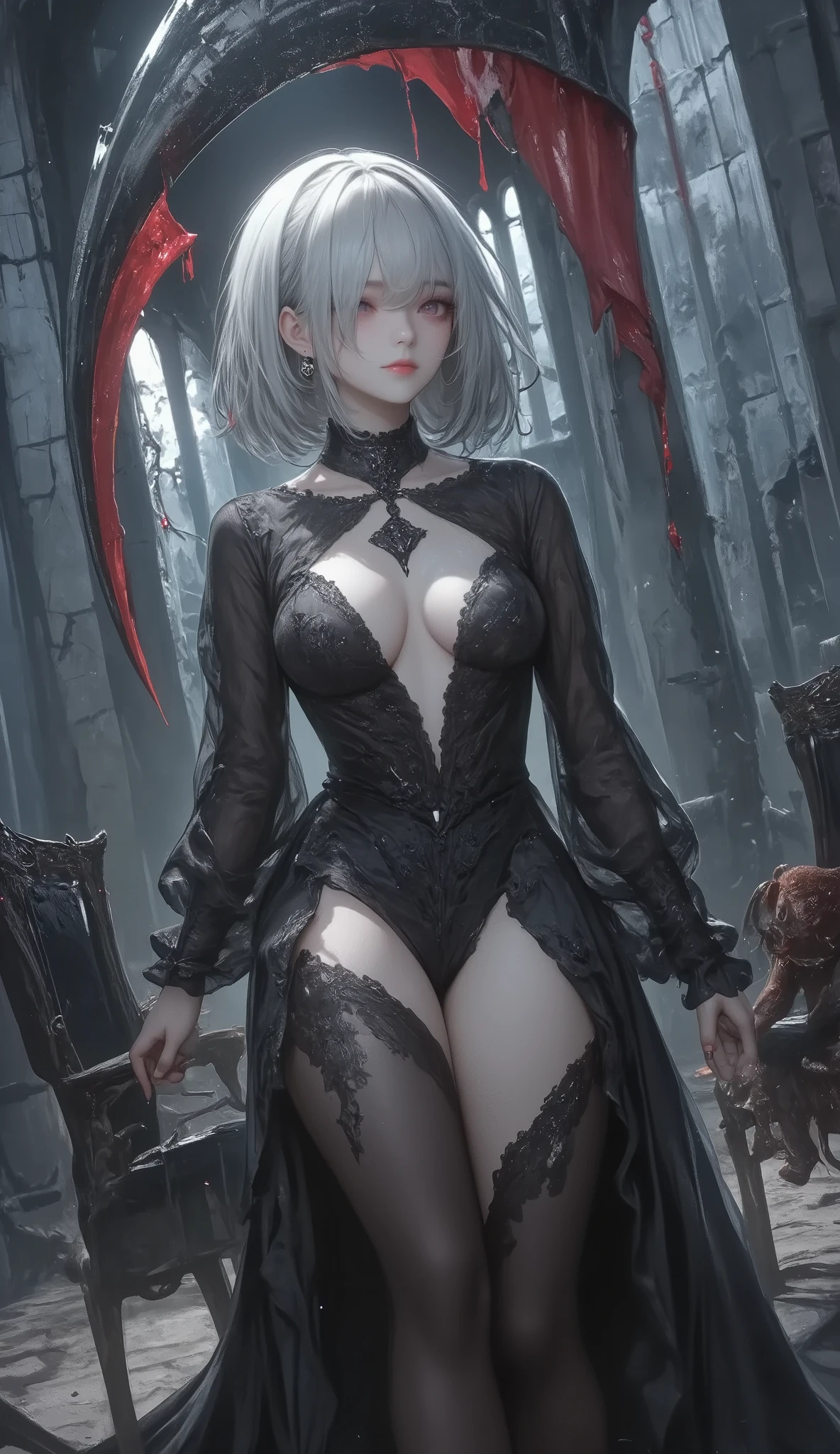 masterpiece, best quality, 8k, highres, ultra-detailed, HDR, UHD, ultra-fine painting, Gothic illustration style,dark fantasy theme, dark gothic theme, Gothic Art style, Chiaroscuro,BREAK, 1girl\(gothic style\), 180cm height,Absurdly beautiful and tall,great figure,side bang,from front,full body,gothic dress,blood on leg, Look at me with disdain,Please laugh me without mercy,evil smile expression),BREAK,large death scythe double-handed grip, Dynamic Motion Blur,death scythe\(perfect shape,blood on weapon, Skull decoration handle dy chain,intense energy\), BREAK, desolation church\(cracked walls, broken windows, torn curtains, rusted wheelchair, fallen IV stand, eerie silence, drifting mist, dusty floor, long shadows, moonlight through broken glass , (bloodstains:1.45),handprints on walls, (elaborate stuffed teddy bear lies on the floor, covered in blood),BREAK,cold and ominous atmosphere, Dark gothic atmosphere, faith rule, insanity CG