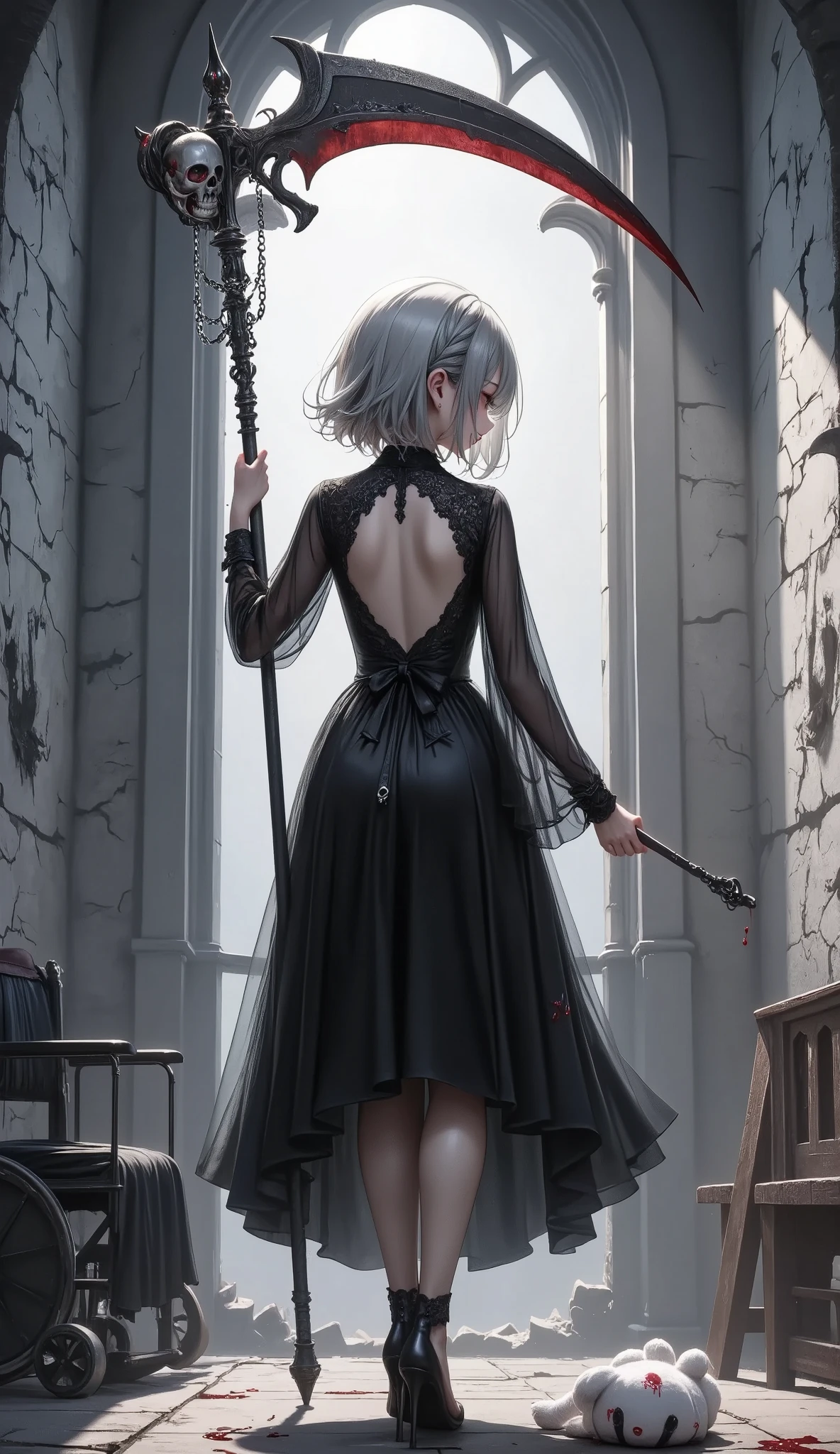 masterpiece, best quality, 8k, highres, ultra-detailed, HDR, UHD, ultra-fine painting, Gothic illustration style,dark fantasy theme, dark gothic theme, Gothic Art style, Chiaroscuro,BREAK, 1girl\(gothic style\), 180cm height,Absurdly beautiful and tall,great figure,side bang,from front,full body,gothic dress,blood on leg, Look at me with disdain,Please laugh me without mercy,evil smile expression),BREAK,large death scythe double-handed grip, Dynamic Motion Blur,death scythe\(perfect shape,blood on weapon, Skull decoration handle dy chain,intense energy\), BREAK, desolation church\(cracked walls, broken windows, torn curtains, rusted wheelchair, fallen IV stand, eerie silence, drifting mist, dusty floor, long shadows, moonlight through broken glass , (bloodstains:1.45),handprints on walls, (white teddy bear\(Very cute, very detailed, fluffy\), lies on the floor, head covered blood:1.6),BREAK,cold and ominous atmosphere, Dark gothic atmosphere, faith rule, insanity CG