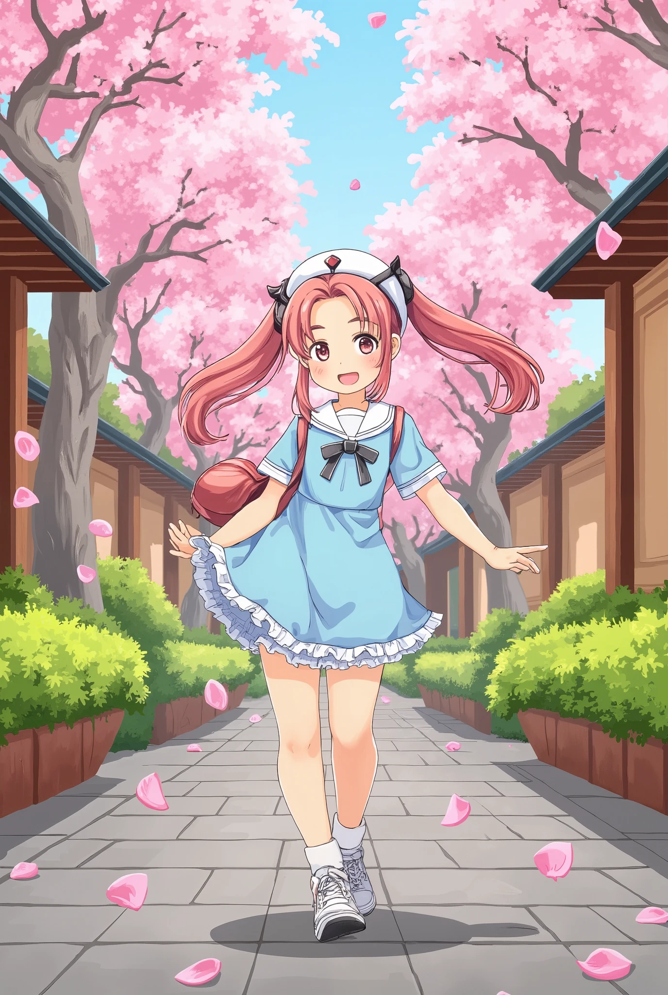 sfw,masterpiece,best quality,ultra wide-angle,full body,1girl,long hair,twintails,red hair,orange eyes,sitting,frilly dress,X3,infirmary,spring,sakura trees,flowers,easter eggs,noon,high sun,bright sun rays,dawn