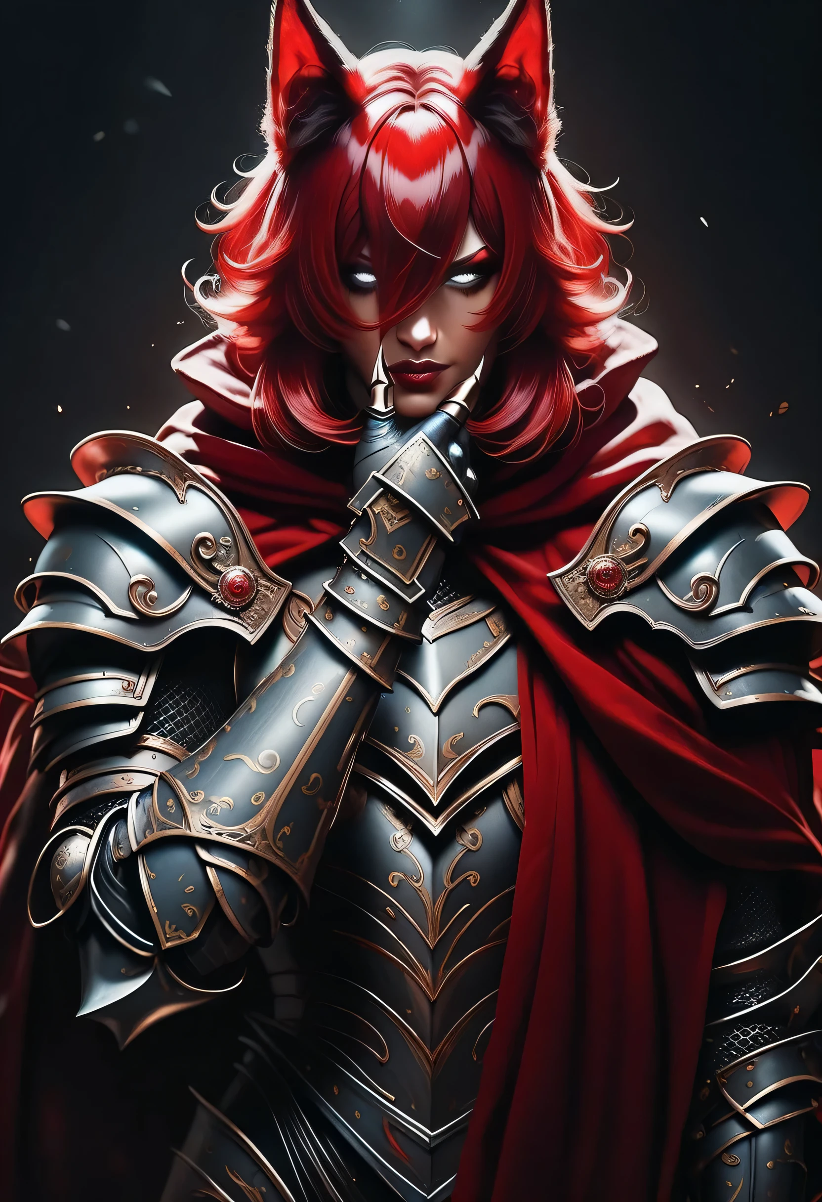 One woman, mature, anime character art, tall, sinister expression, blind eyes, white eyes, red eyeliner, sharp face, large fox ears, seven red fox tails,flowing red hair,hair over left eye, plain maroon armor, KNIGHT CRUSADER, fingerless gauntlets, medium pauldrons, black turtleneck undersuit, red long cloak, claws, facing center, dark colors, dark lighting, dark background, zPDXL3.
