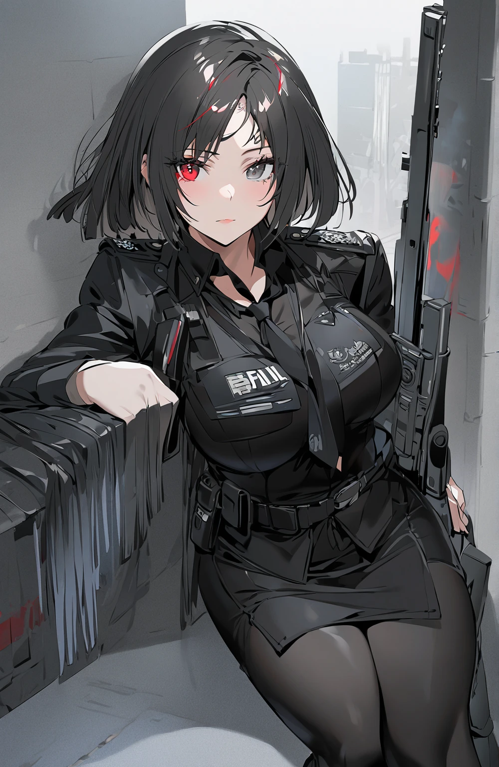 From chest to face, Painting of Fate, Tall Woman, 20th Generation, Solo Solo, parted in the middle, Black Hair, short hair, Long-term, Narrow eyes, Beautiful Eyes, Red jacket, Black sweater, gun, Big Breasts, Erect nipples,Upper body only