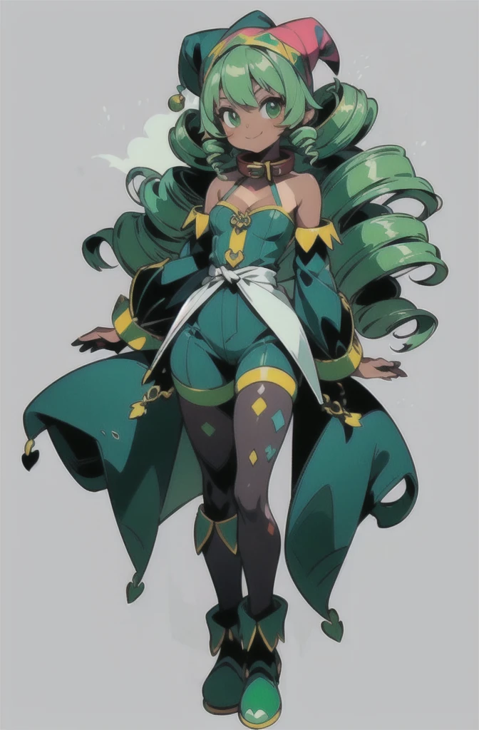 (masterpiece, ultra-detailed, high resolution, best quality:1.2), (anime, simple background, plain background, RPG character, concept art), (full body, 1girl, (loli:1.4)), ((wave drill hair:1.2), long wavy drill hair that flows down to the waist, green hair), (dark skin:1.5), (bare shoulders, her arms have long false sleeves, puffy cuffs), (halter neck, tight fitting clothes, tight fitting high waist shorts, pantyhose), (medieval Jester outfit:1.2), (jester hat:1.2), (Blue-Green outfit), (cute smile, green eyes, collar, thick thighs)