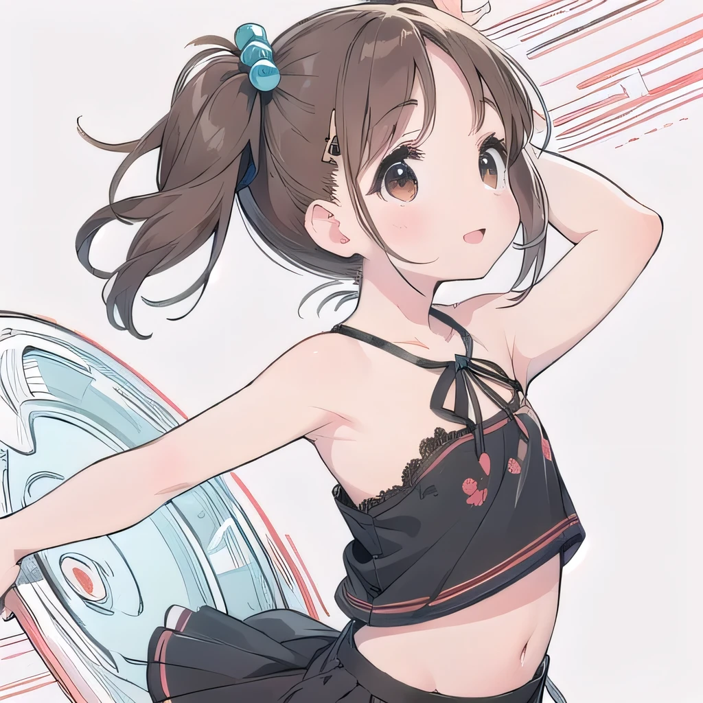 18age、 cute girl、 hair ornament、A happy smile、 detailed beautiful background, 1 girl、 long hair、 ribbon camisole 、 Miniskirt、 Thick eyebrows、low angle camera 、Detailed expression 、 cute face、Bow、 neck wrapped in a red thread of fate、Neckline 、Precise torso、(Limb loss、Dharma girl 、No arms、No legs)