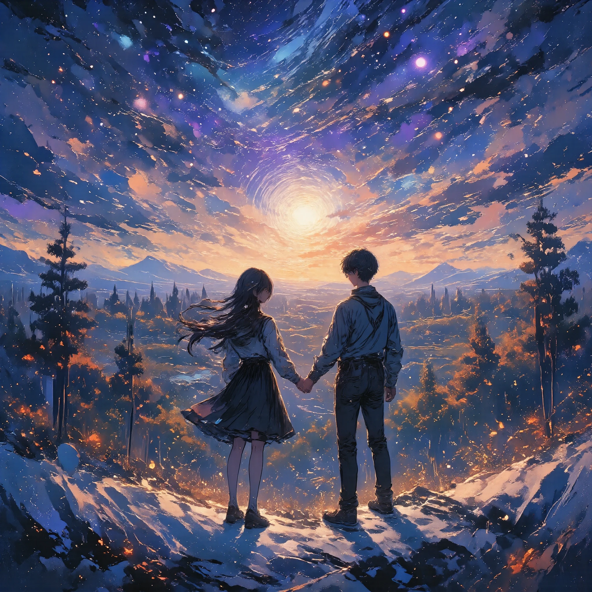 a couple holding hands, a girl with a black dress and long black hair, (glowing blue eyes:1.3), a guy with short black hair, (guy with glowing blue eyes), standing on cliff, standing on edge of cliff, large mountains in background, forest, trees, (green trees and hills:1.2), (purple sun), purple haze, facing away from camera, trees flying in wind, birds, detailed environment, realistic, photorealistic, photorealistic: 1.37, best quality, 4k, 8k, high resolution, masterpiece: 1.2 , ultra-detailed realistic snow texture, detailed snowscape, dramatic lighting, cinematic compositing, (best quality,4k,8K,high resolution,masterpiece:1.2), ultra detailed, sharp focus, (realistic,photorealistic,photo-realistic:1.37), dramatic lighting, moody lighting, cinematic lighting, chiaroscuro lighting, dramatic shadows, dramatic moments , vivid colors, intense colors, deep contrast, cinematic depth of field, cinematic composition, cinematic camera angle