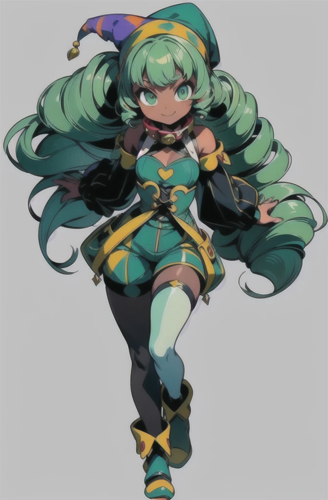 (masterpiece, ultra-detailed, high resolution, best quality:1.2), (anime, simple background, plain background, RPG character, concept art), (full body, 1girl, (loli:1.4)), ((wave drill hair:1.2), long wavy drill hair that flows down to the waist, green hair), (dark skin:1.5), (bare shoulders, her arms have long false sleeves, puffy cuffs), (halter neck, tight fitting clothes, tight fitting high waist shorts, pantyhose), (medieval Jester outfit:1.2), (jester hat:1.2), (Blue-Green outfit), (cute smile, green eyes, collar, thick thighs)