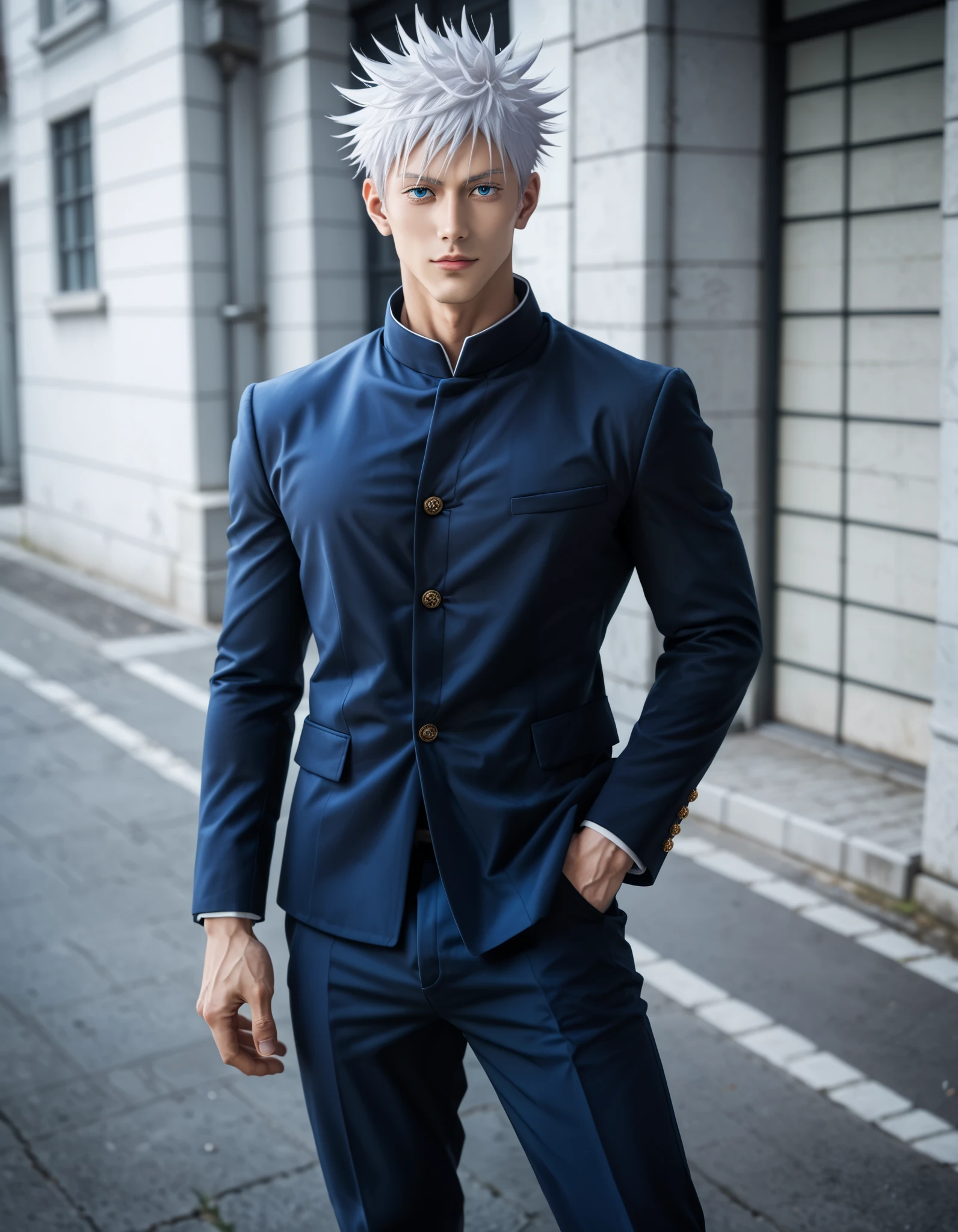 Full Body Portrait, Jujutsu Kaisen, realistic, Gojou Satoru, 1boy, Solo, Looking at viewer, Handsome, Sexy Man, Sensual, Handsome, Sexy Man, Sensual, Blue Eyes, White Hair, Short Hair, Spiked Hair, Hair Between Eyes, Tall, Lean, Muscular, Toned Chest, Pale-Tanned Skinned, ((black jacket, pants)), standing, outdoor, realistic, Masterpiece, 4K, Best Quality, High Resolution, Accurate, Award Winning, (SuperQuality:1.0) ~ (SuperQuality:1.2)