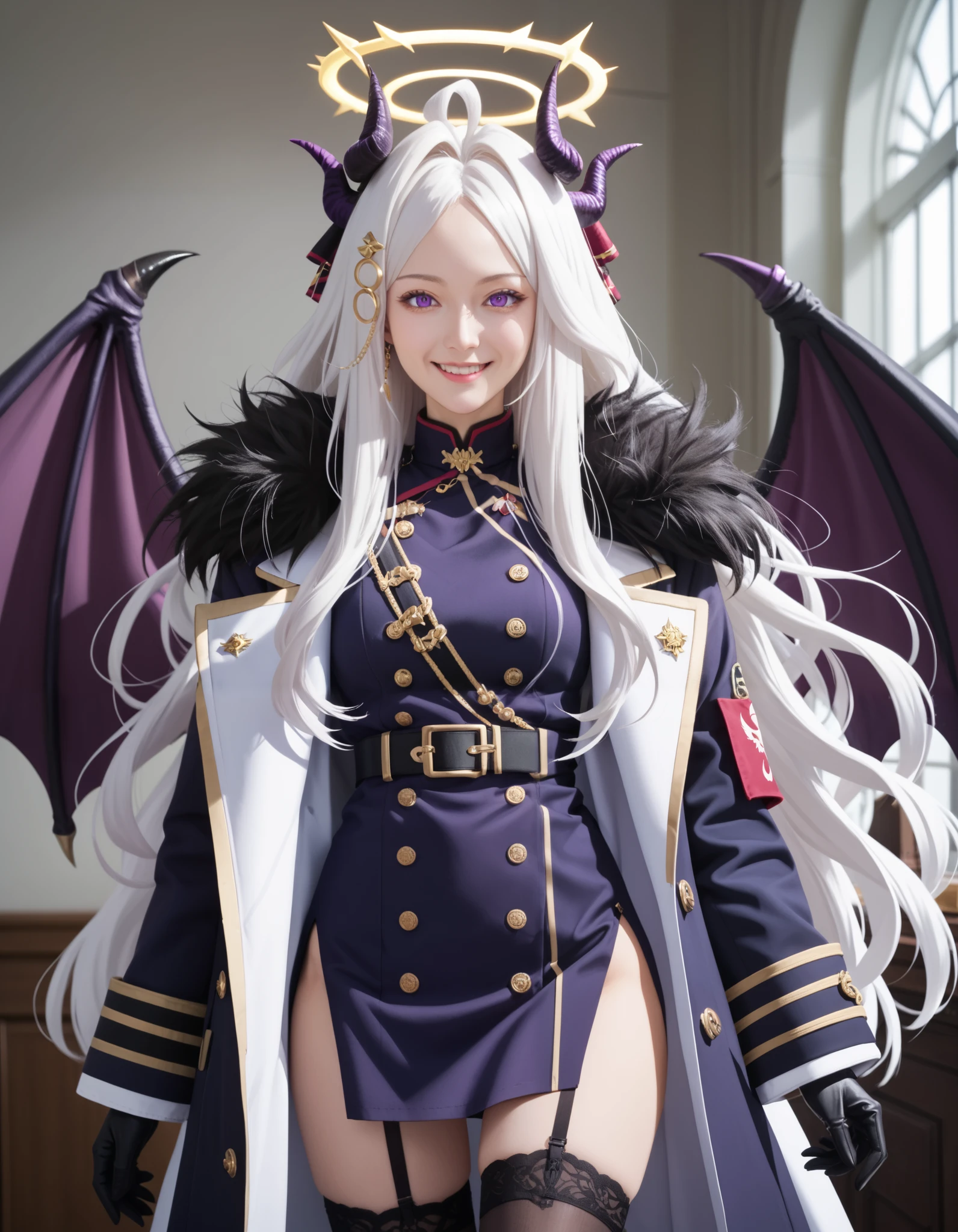 Masterpiece, hd, realistic, hina sorasaki, purple eyes, white hair, halo, ahoge, parted bangs, long hair, very long hair, smile, armband, black gloves, coat, coat on shoulders, demon horns, demon wings, fur collar, gloves, hair ornament, horns, long coat, military uniform, miniskirt, multiple horns, side slit, thighhighs, uniform, wings, indoors, smile,looking at viewer, solo, cowboy shot, indoor