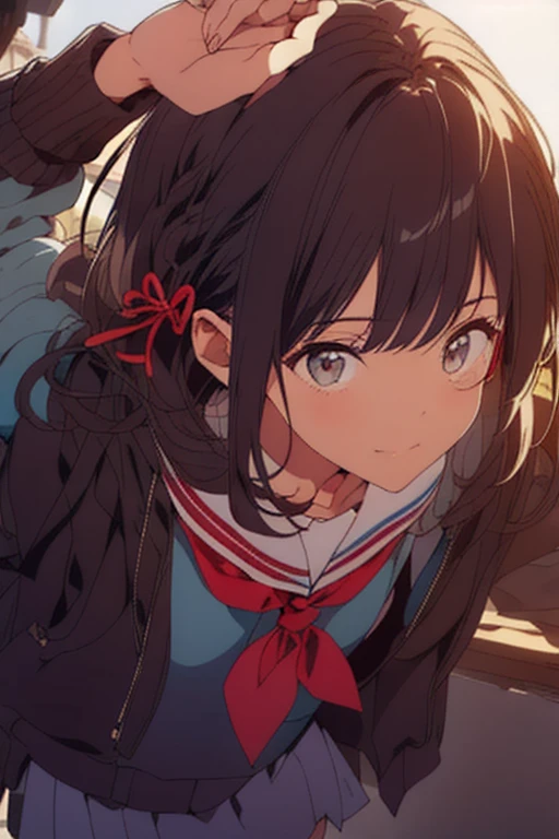 Sailor Suit, A woman, (A beautiful woman, Delicate female student:1.3), 8k, best quality, masterpiece, Very detailed, Ultra-high resolution, Practical, RAW photos, Absolute resolution, Black Hair, Braided hair, The face is small relative to the body, The face is so small, Black Hair, navy blue sSailor Suit, Navy blue skirt, High school girl wearing a sSailor Suit, Anime 2D Rendering, Practical Young Anime , , ((White headband)), Position viewed from above, Small Breasts, High target, Slanted eyes, Purple Eyes, Black stockings, garter belt, Smile, sitting under a cherry tree,