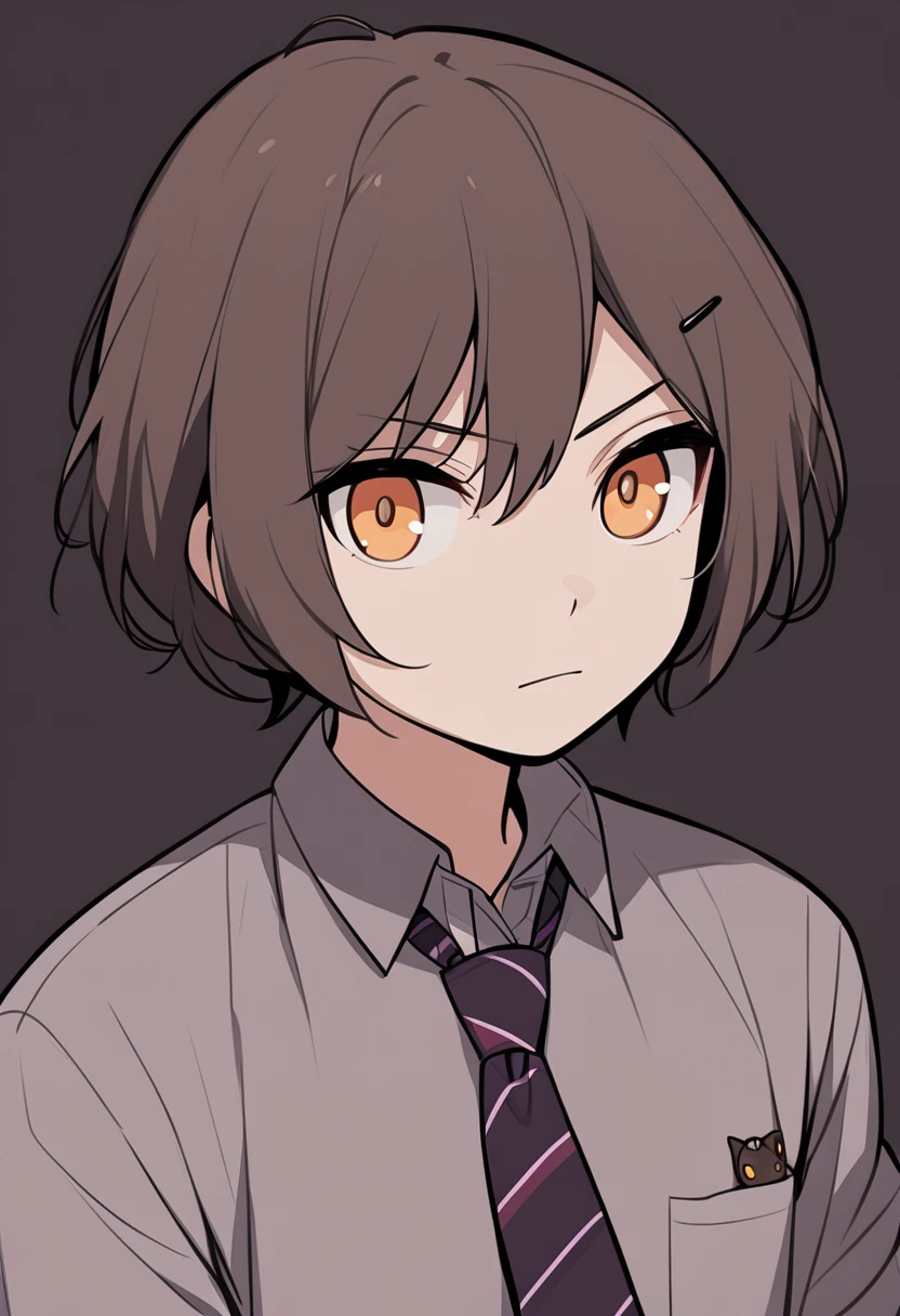 (Portrait) Young teen girl tomboy , with orange eyes , and Dark brown dark messy short hair tie from behind , serious look with a arrogant look , she dosen't smile, look at away , beautiful eyes , wearing a necktie, collared shirt, school uniform , Twitch emote , with a bit muscular body