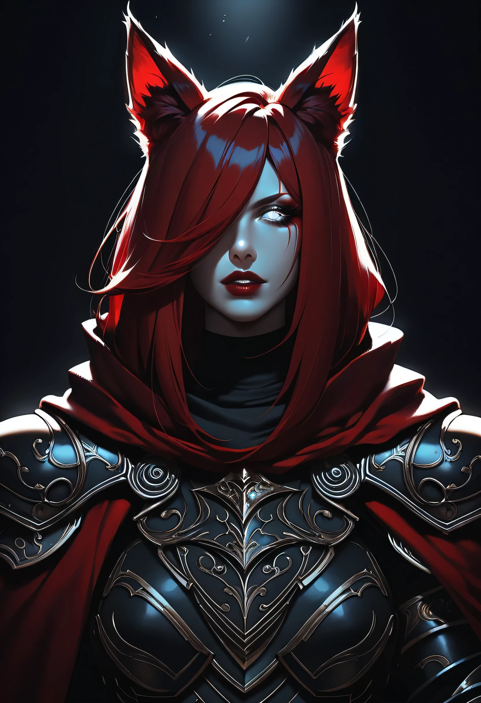 One woman, mature, anime character art, tall, sinister expression, blind eyes, white eyes, red eyeliner, sharp face, large fox ears, seven red fox tails,flowing red hair,hair over left eye, plain maroon armor, KNIGHT CRUSADER, fingerless gauntlets, medium pauldrons, black turtleneck undersuit, red long cloak, claws, facing center, close-up, dark colors, dark lighting, dark background, zPDXL3, dark theme, low light.
