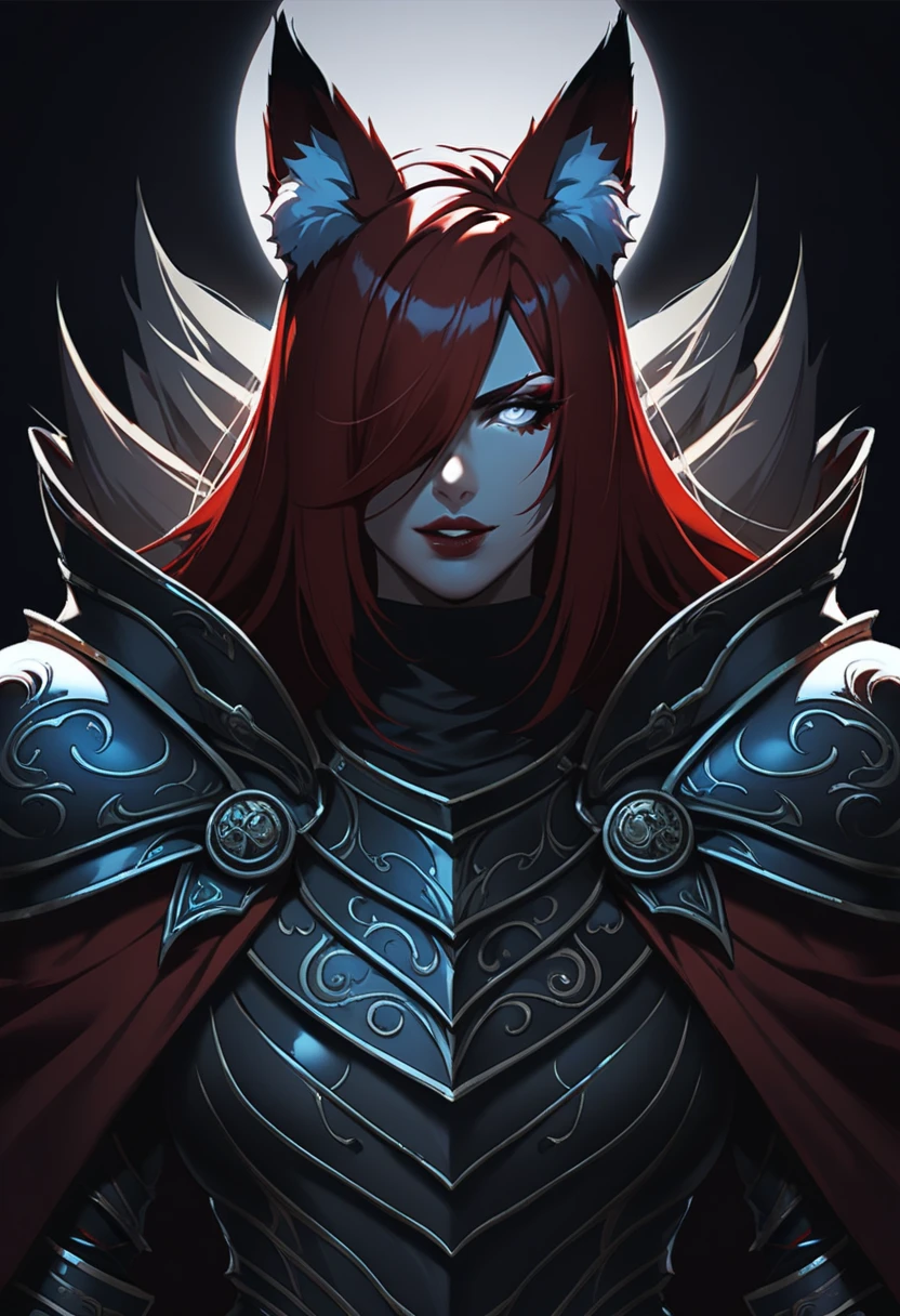 One woman, mature, anime character art, tall, sinister expression, blind eyes, white eyes, red eyeliner, sharp face, large fox ears, seven red fox tails,flowing red hair,hair over left eye, plain maroon armor, KNIGHT CRUSADER, fingerless gauntlets, medium pauldrons, black turtleneck undersuit, red long cloak, claws, facing center, close-up, dark colors, dark lighting, dark background, zPDXL3, dark theme, low light.
