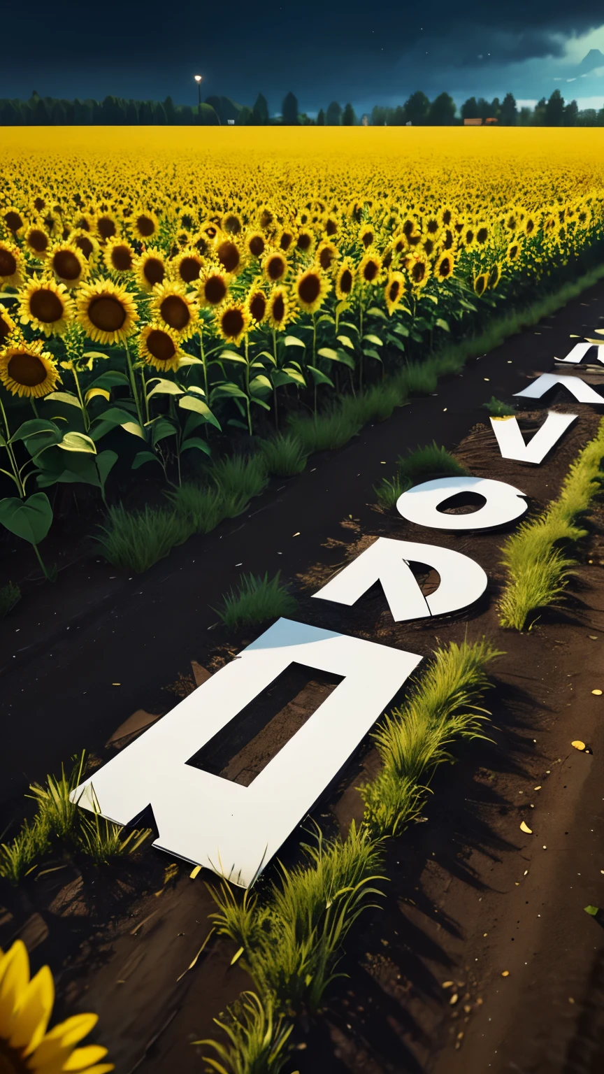 [[aerial image ]]  from a field planted with sunflowers,  at night, and on the ground, The letter (((With))) Set on fire ,  taken from the film  \" the mask of the fox "\, Ink-e, 8k octane,  3D rendered , C4D, Chaos 0 , film, cinematografía,  hyperdetailed , Hyperrealism, Luminismo,  photorealistic,  Photographic portrait , realism, Unreal Engine, 